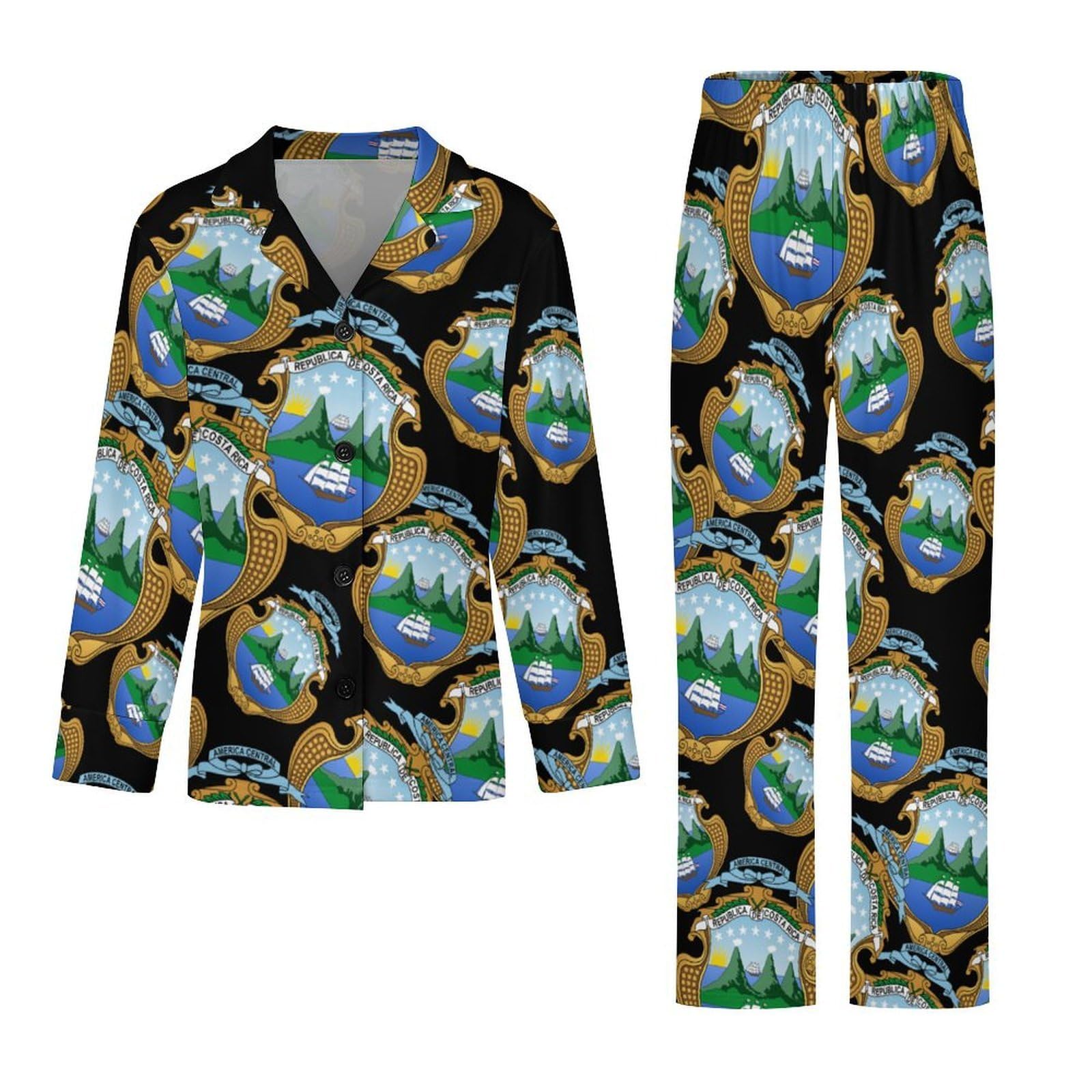 Coat of Arms of Costa-Ri-cas - Conjunto de pijama casual para mujer, pijama de manga larga con botones, ropa de dormir