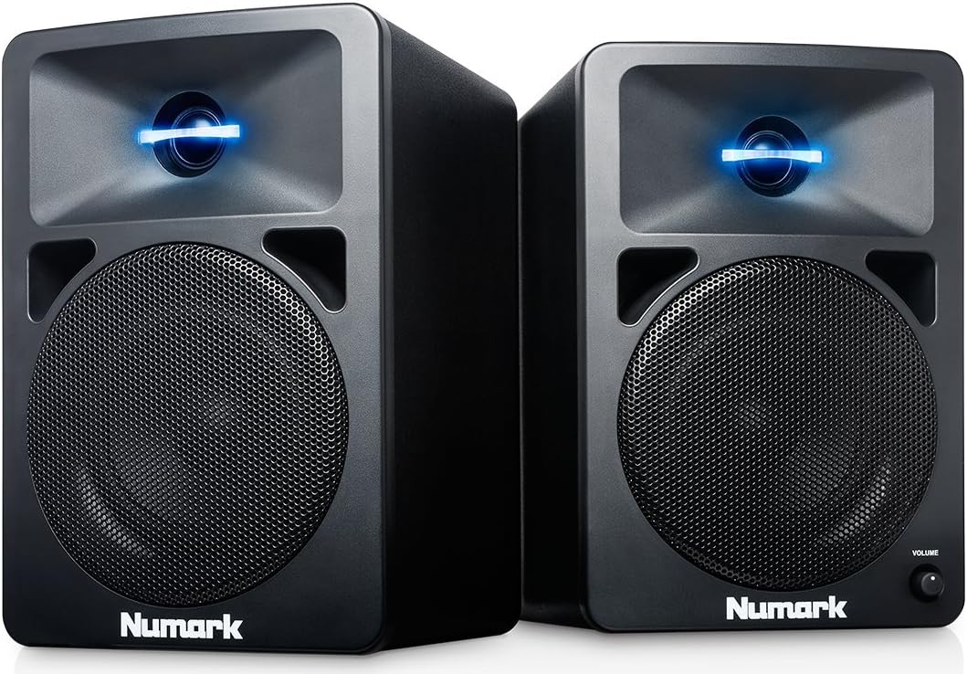 Numark N-Wave 360 – Compact 60 W Active Desktop DJ Speakers with Tweeter LED Illumination, Dedicated Volume Control and RCA Inputs