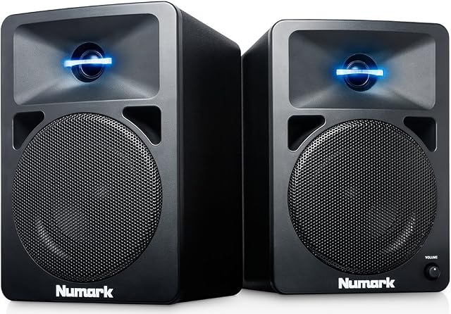 Numark N-Wave 360  Compact 60 W Active Desktop DJ Speakers with Tweeter LED Illumination, Dedicated Volume Control and RCA Inputs