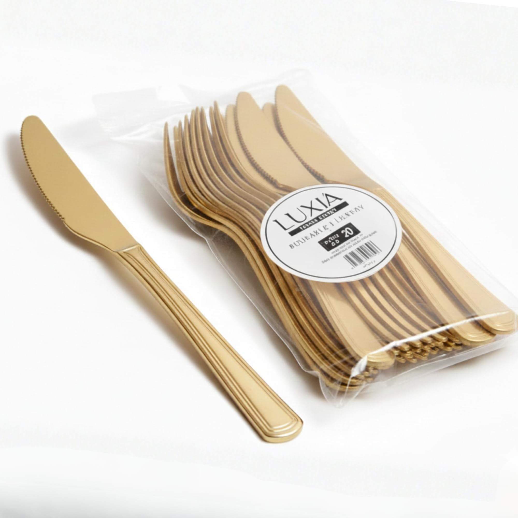 Playlearn Luxia Reusable Washable Gold Plastic Knives, 20pcs Bulk Pack Durable Elegant Cutlery, 19.62m Durable Dinnerware for Weddings, Catered Events — image 1