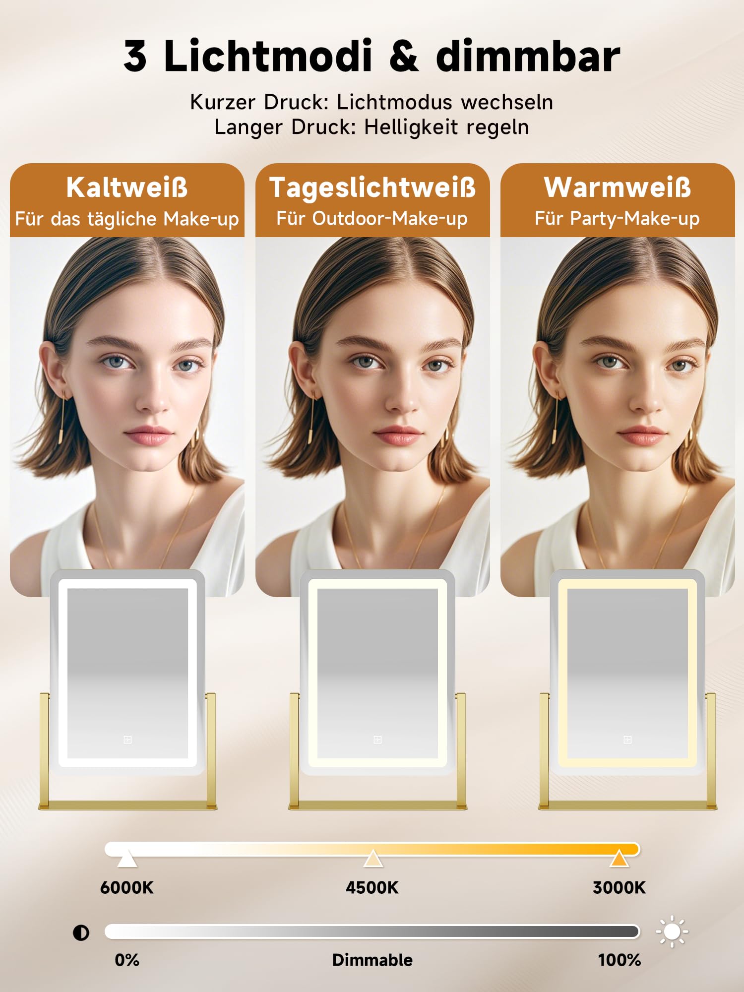 Schminkspiegel mit Beleuchtung Hollywood Spiegel, LED Schminktisch Kosmetikspiegel, Klein Tischspiegel 3 Modi Touch Dimmbar Make Up Vanity Mirror 31x37cm