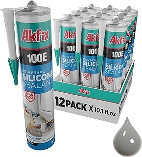 Akfix 100E RTV Gray Silicone Caulk (12x10.1 fl.oz.) - 100% Waterproof Silicone Sealant for Kitchen and Bathroom, Shower, Bathtub, Toilet, Sink, Window and Door, No Discoloring | Grey, 12 Pack