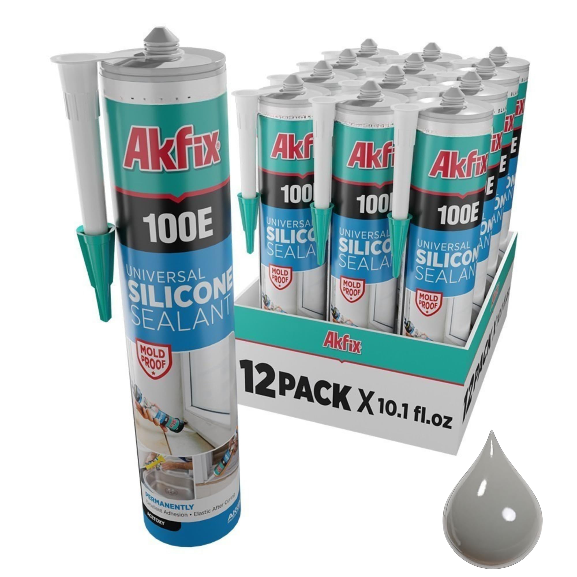 Akfix 100E RTV Gray Silicone Caulk (12x10.1 fl.oz.) - 100% Waterproof Silicone Sealant for Kitchen and Bathroom, Shower, Bathtub, Toilet, Sink, Window