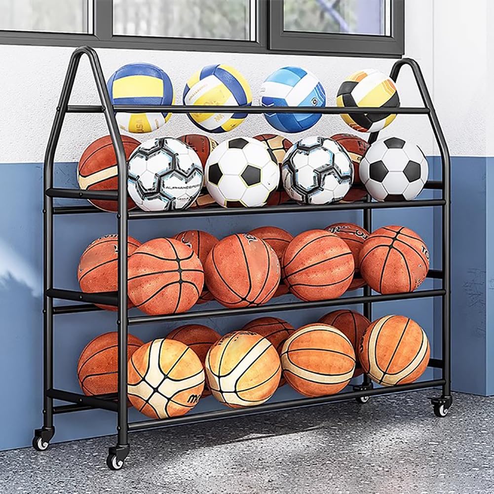 Stabilny 4-poziomowy stojak na sprzęt sportowy z kółkami 360°, pionowy do koszykówki i piłki nożnej, domowe rozwiązanie do przechowywania, 123 cm, czarny