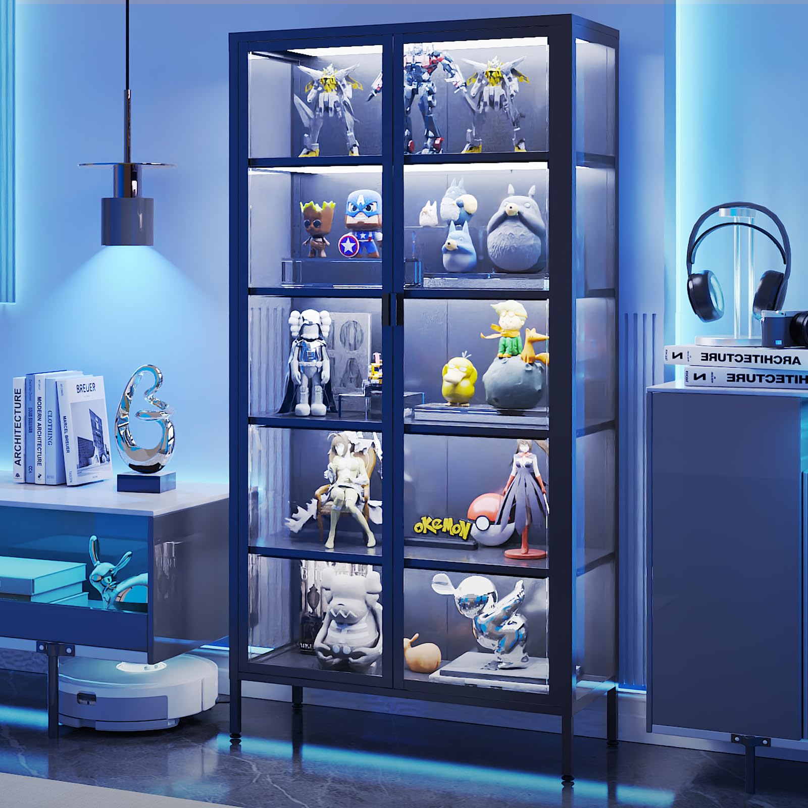 Rumetol 71" H Display Cabinet with Glass Doors,Display Case with LED Sensor Lights,Glass Display Cabinet with Adjustable Shelves and Feet,Display