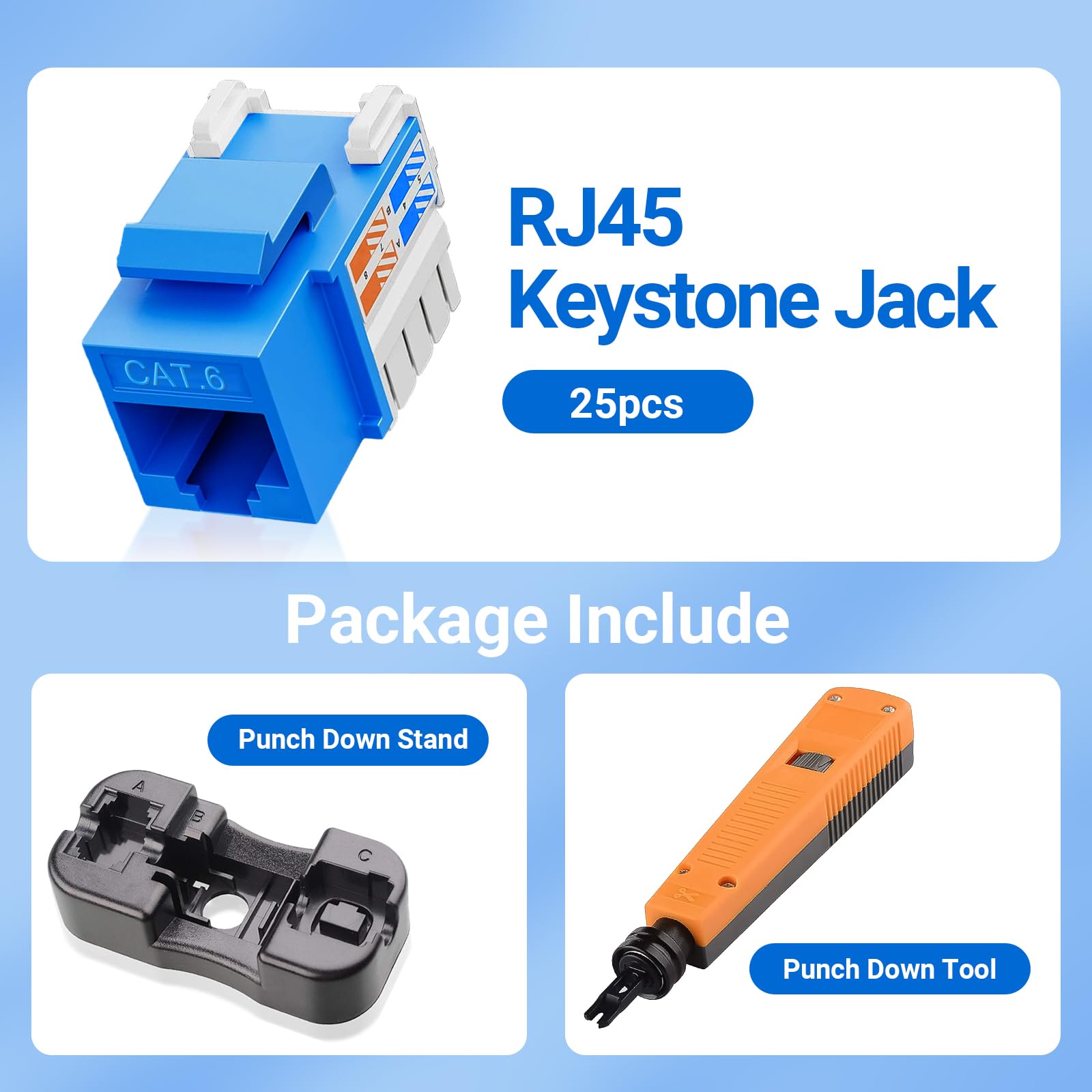 25 x gniazdo Keystone Cat 6 RJ45 10 Gb/s, złącza Keystone Cat6, niebieskie złącze modułowe Ethernet z narzędziem do wiercenia i uchwytem do panelu