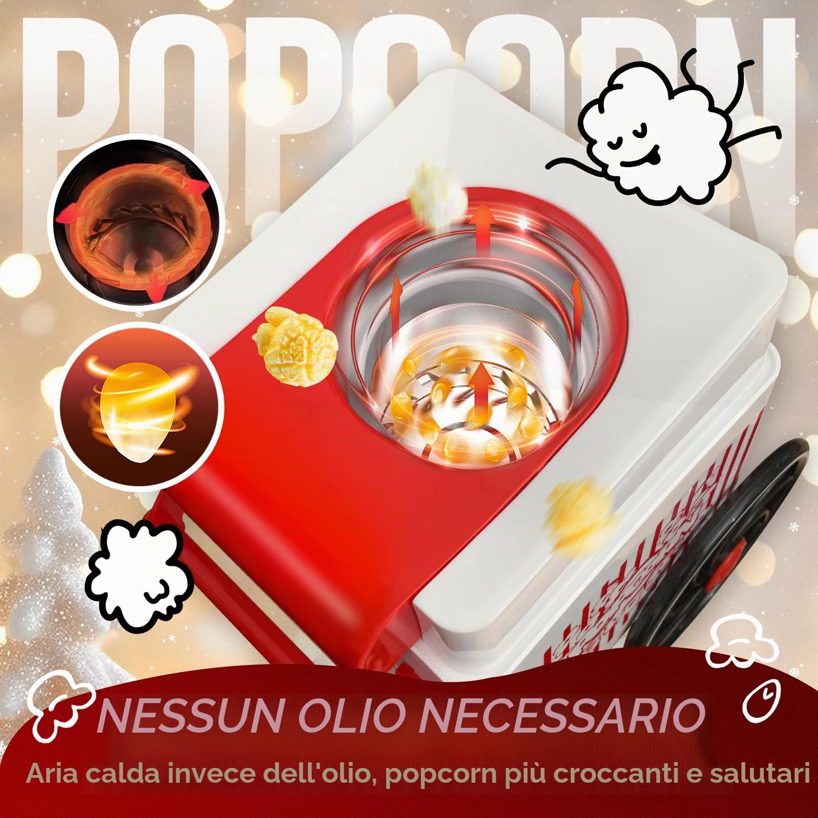 Macchina per popcorn, kit per popcorn ad aria calda, scatola regalo portatile, macchina per popcorn domestica, 10 tazze, senza olio, stile retrò, compatta EU