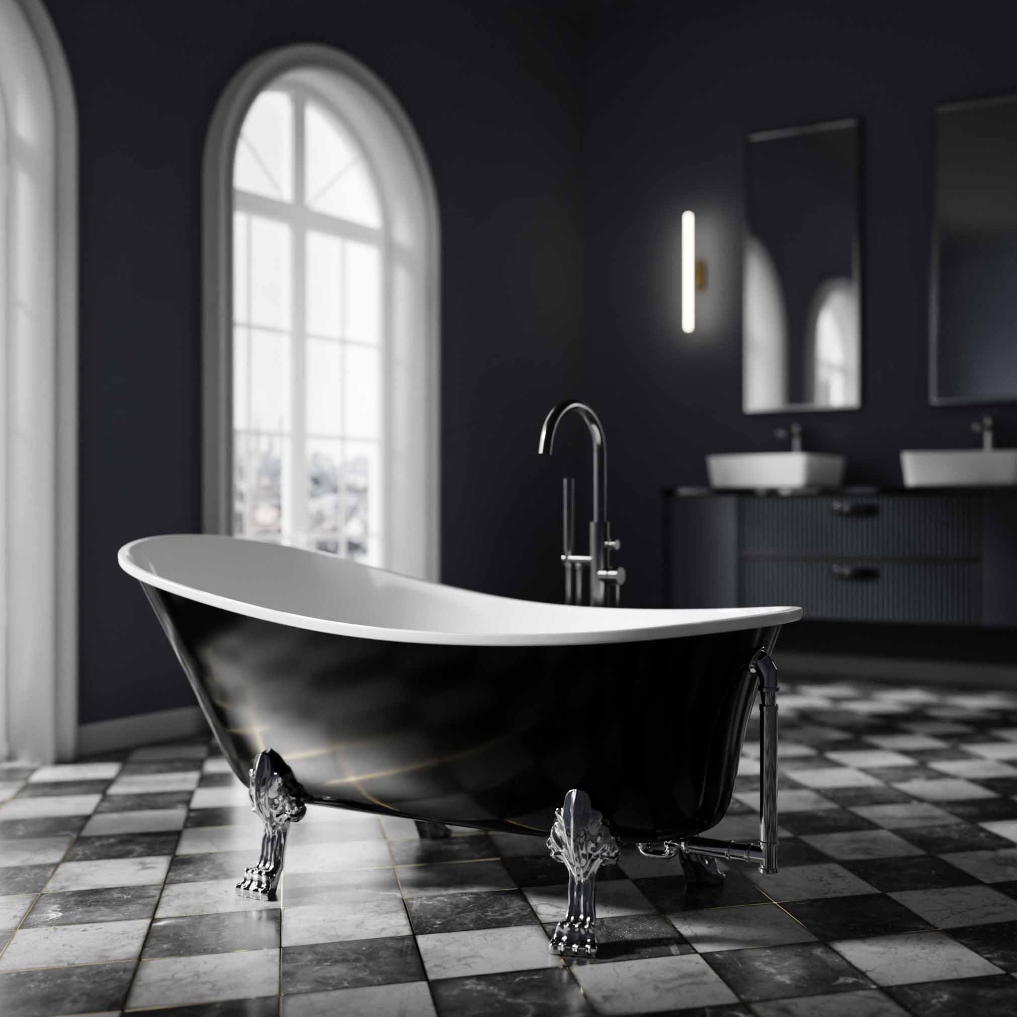 Vasca da bagno per installazione freestanding PARIS nero lucido - colore piedini e rubinetteria a scelta, Rubinetti a scelta:Senza rubinetteria, Colore piedini:Bianco