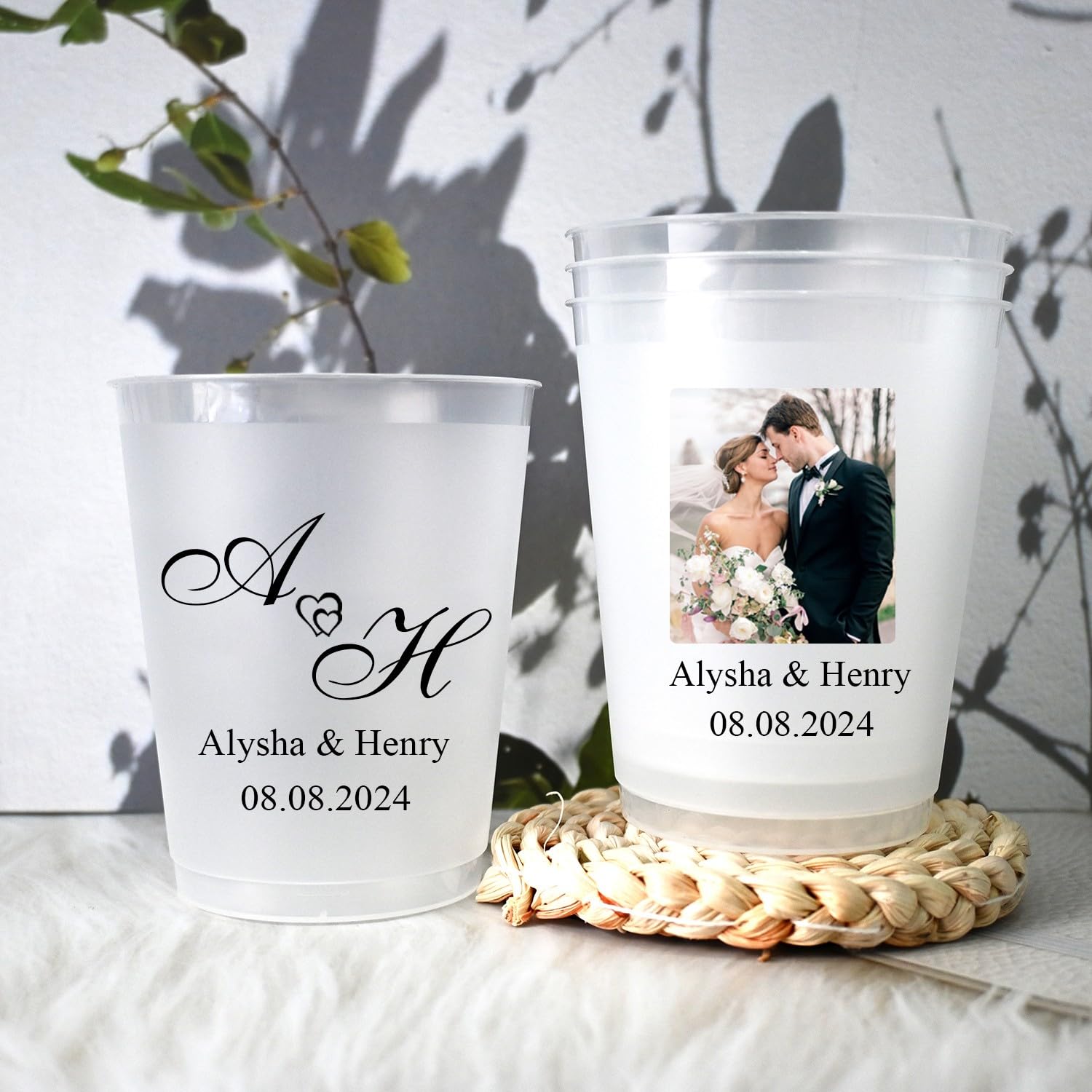 Amazon.com: 200 Pack Custom Frosted Cups, Personalized Wedding Plastic Cups  16 oz, Customized Flexible Reusable Party Cups, Wedding Toast Cups with  Names Picture, Reception Bar Cups, Monogram Cups : Home & Kitchen
