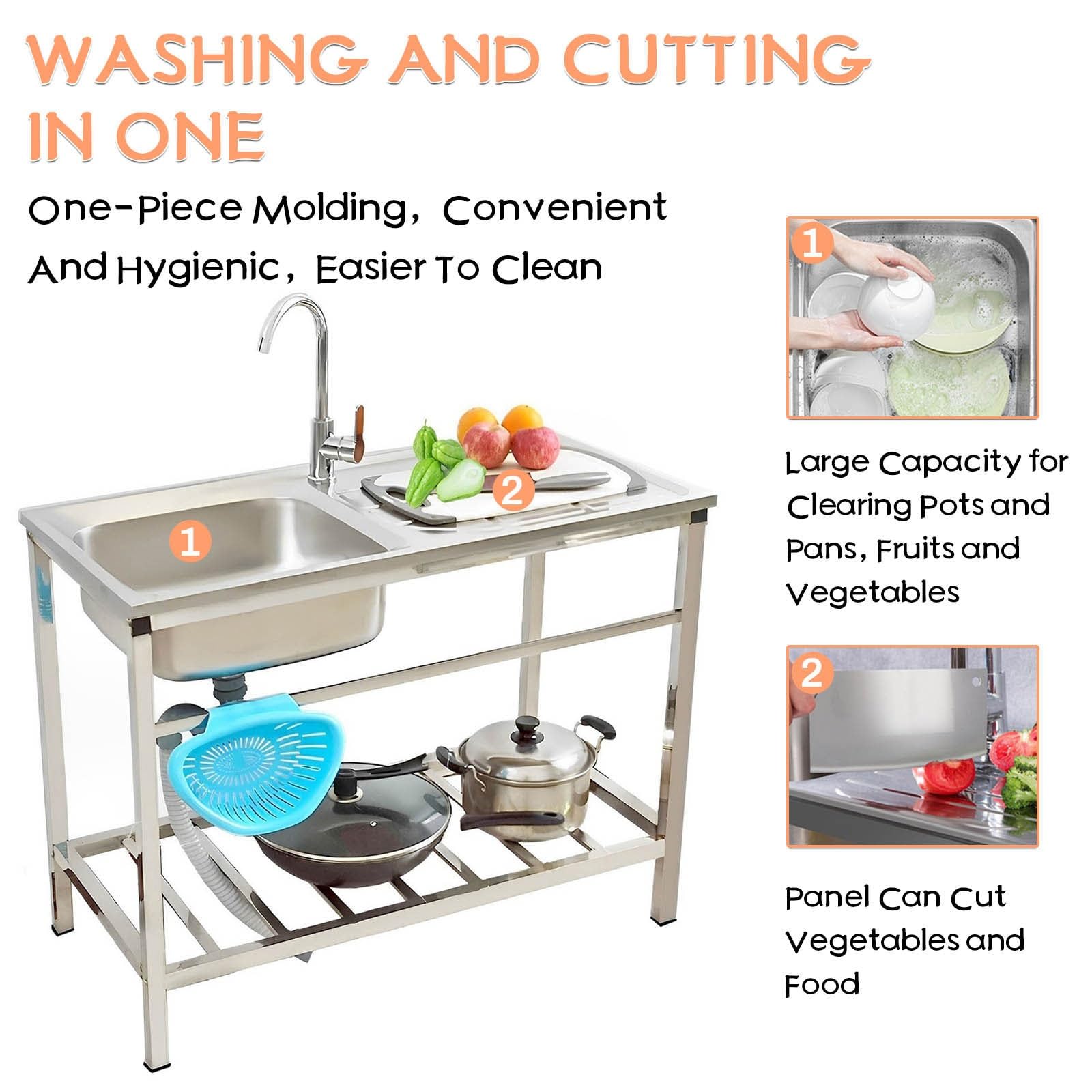 Fregadero Industrial Fregadero con Patas Acero Fregaderos Portatiles con Kit De Desagüe Fregadero Exterior Jardin con Grifos Fregadero Lavanderia Balcón Camping Barbacoa Fregadero Camping