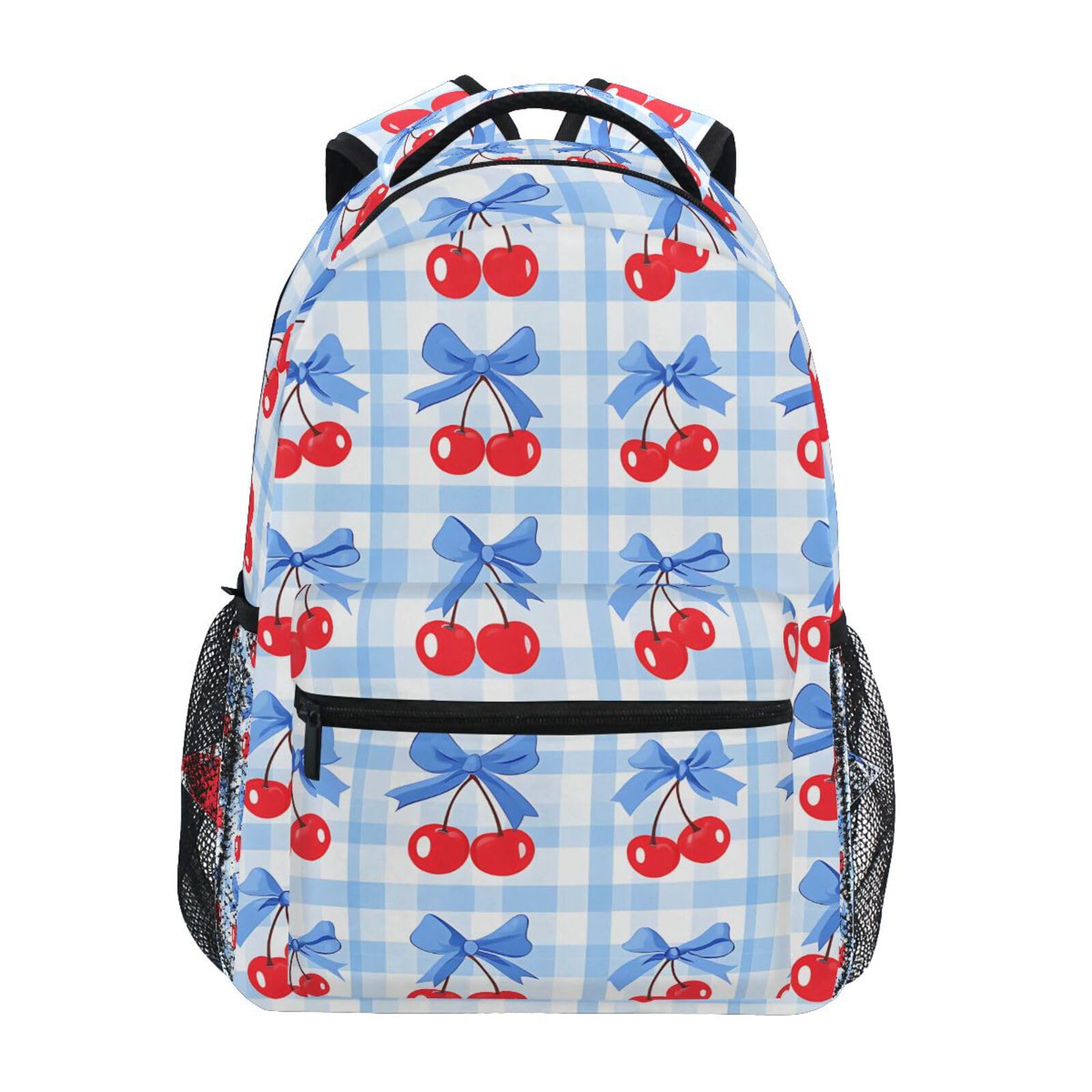 Cherry Blue Bow Buffalo Plaid Backpacks for Girls Boys Elementary School Bag Kids Bookbag Personalized Travel Daypack 3rd 4th 5th Grade Rucksack 16in