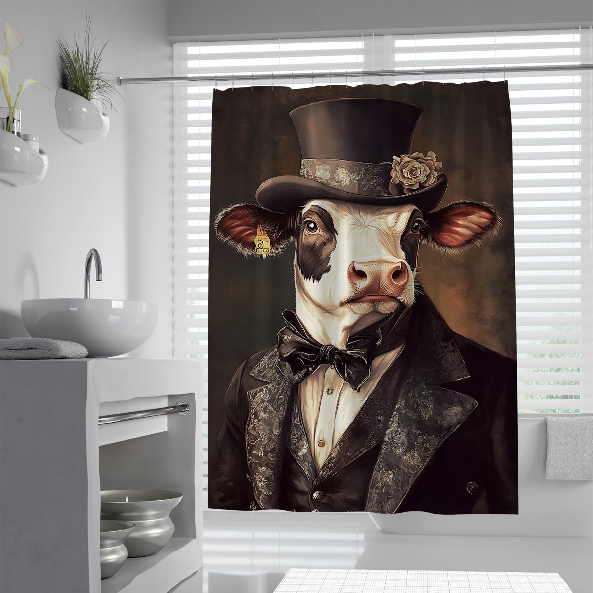 UIRINGART Vintage Cow Bathroom Screen W120xL180cm Waterproof Mildew Resistant Retro Farm Animal Top Hat Painting Fabric Shower Curtain Rustproof Grommets Tub Liners
