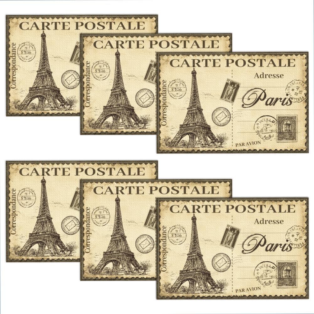 WADORN Vintage French Postcard Placemats Set of 6, 11.8x17.7 Inch Retro Sketching Architecture Paris Tower Table Mats Washable Place Mats for Home Kitchen Indoor Outdoor Party Dining Table Decor