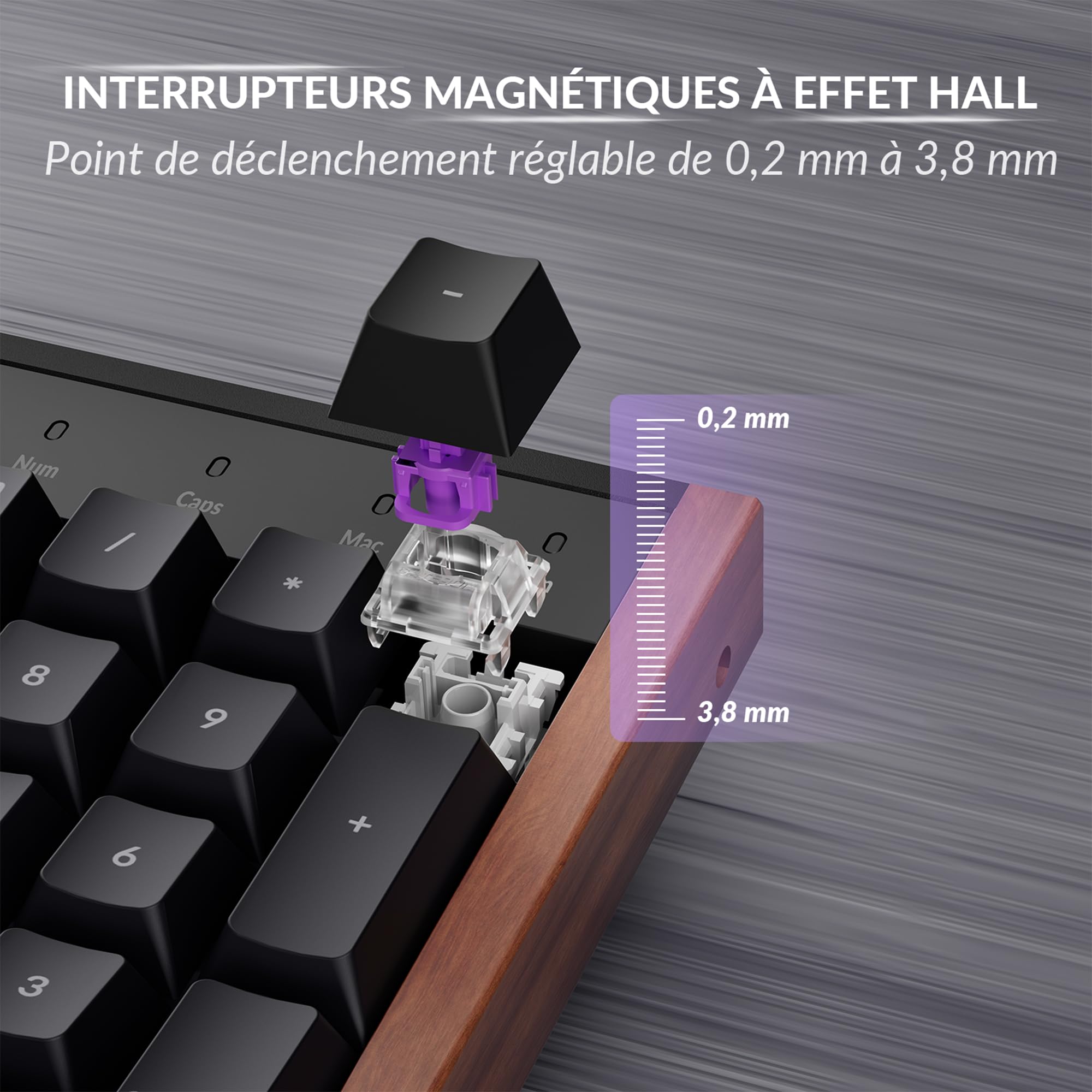 Keychron K10 HE Clavier AZERTY Magnétique sans Fil, 100% ISO-FR Layout, Point d’Activation Réglable, RGB, Touches PBT à Profil Cherry Sublimées, pour Mac/Windows/Linux, Cadre Latéral en Bois, Noir