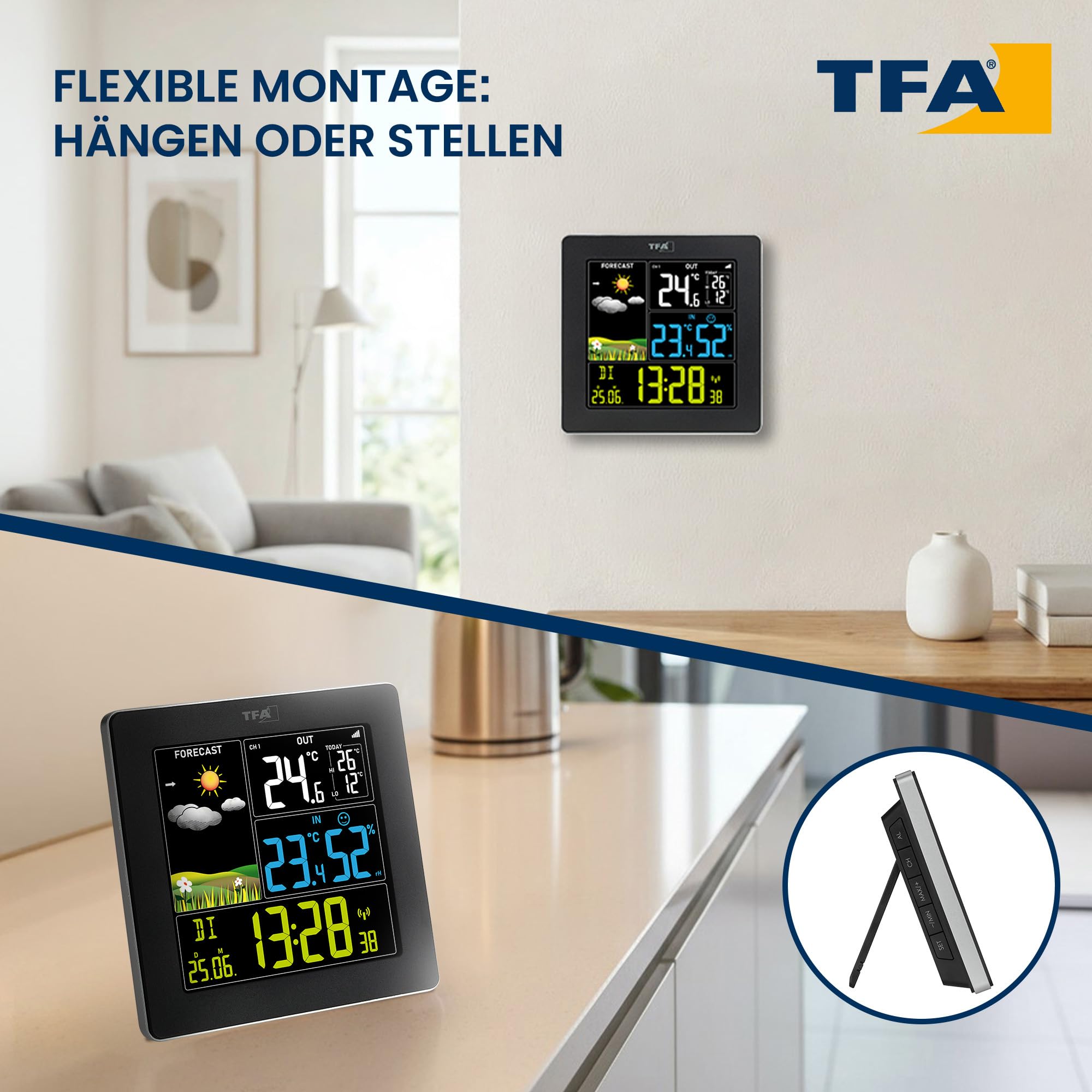 TFA Dostmann Wetterstation Funk mit Außensensor SUN2 digital, 35.1174, für Innen und Außentemperatur, großes Farbdisplay, mit Wohnklima, inkl Funkuhr mit Datum, Hygrometer, mit Netzadapter, schwarz
