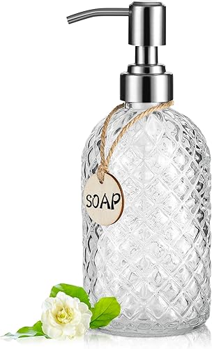 Dispensador de jabón transparente de 16 onzas con bomba de acero inoxidable 304 a prueba de óxido para baño, cocina, vidrio líquido recargable para