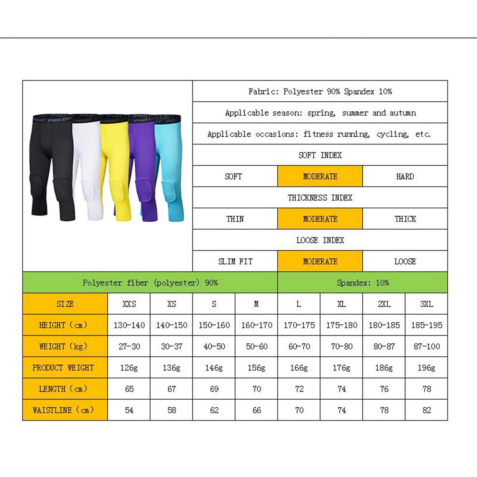HULG Pantalon Rembourré avec Genouillères 3/4 Capri Pantalon De Compression pour Basketball Football Baseball Tailles Jeunes Et Adultes