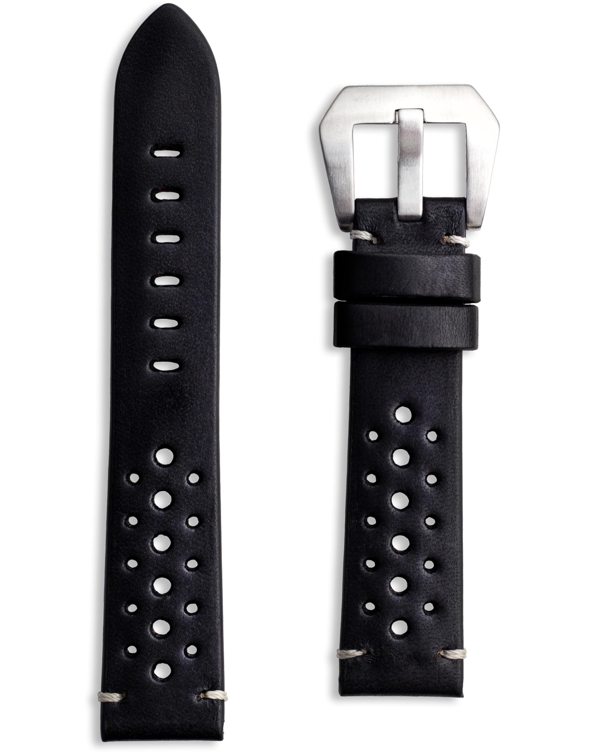 Buckle & Stitch Cinturino per orologio in pelle, realizzato a mano, perforato, stile racing, nero, marrone scuro, marrone chiaro, blu navy, 20 mm, 22 mm, 24 mm, barre a molla e attrezzi inclusi,
