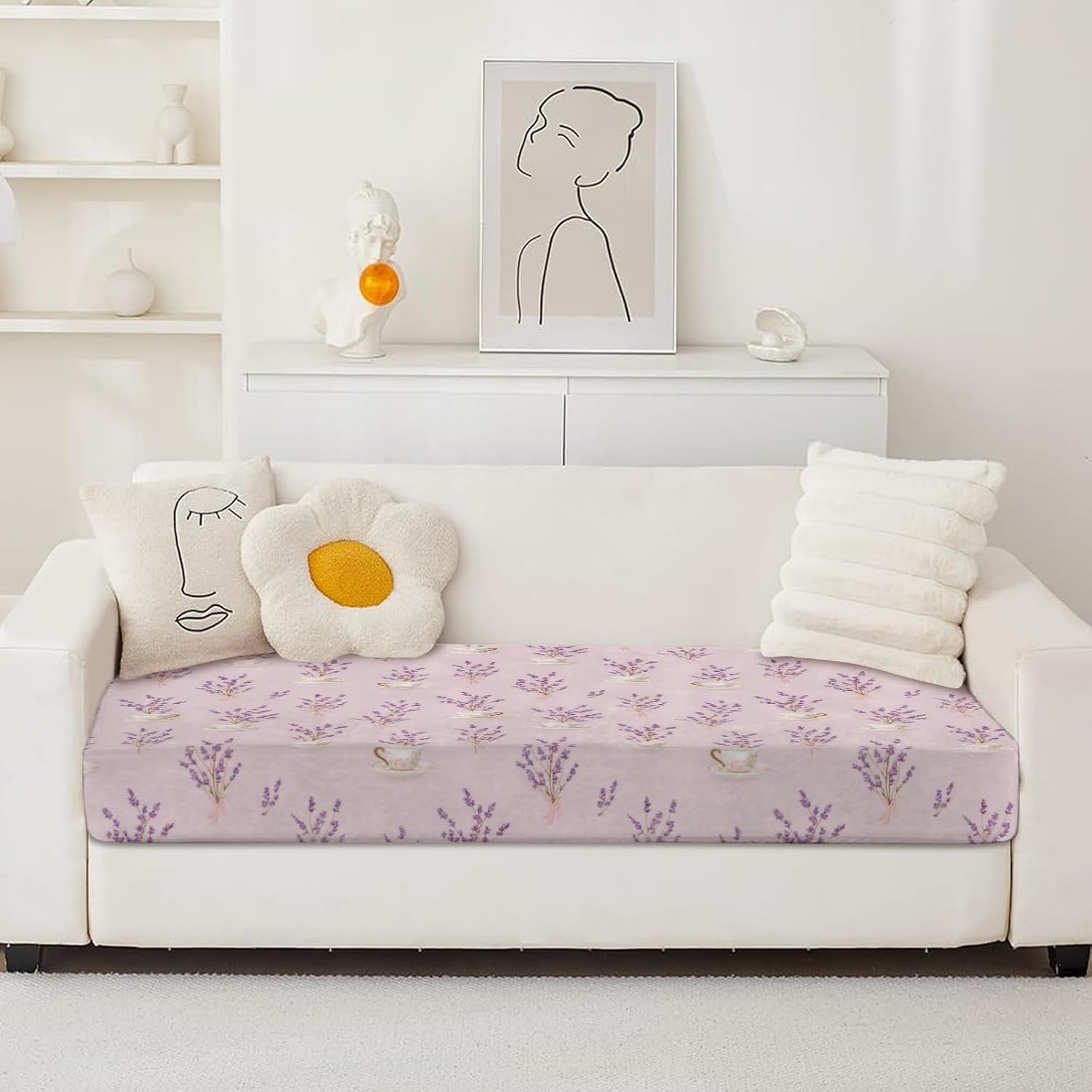 Lavender and Teacup Loveseat Covers Couch Covers for 2 Cushion Couch, 2-Piece Stretch Sofa Slipcovers Anti-Slip Washable Furniture Protectors for Dogs Pets