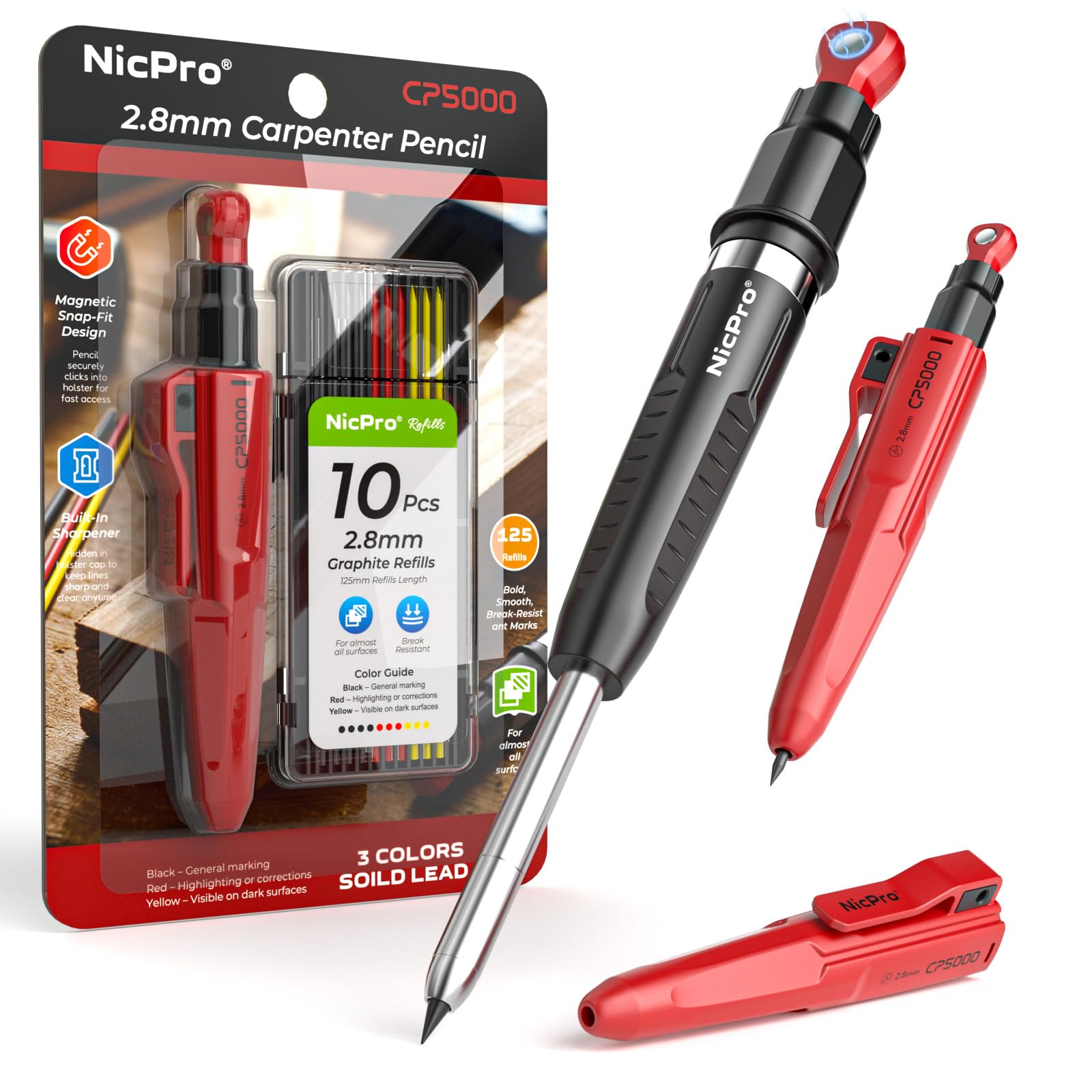 Nicpro CP5000 Magnetic Carpenter Pencils with Sharpener, 2.8mm Construction Pencil+10 Refill, Deep Hole Marking Pencils, Woodworking Pencil with Magnetic Pickup Tool, Carpenter Tools for Architect-Red