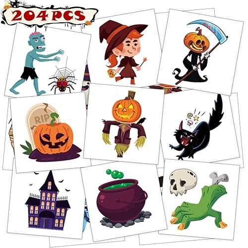 Metker Tatuajes temporales de Halloween para niños, 204 unidades, impermeables, de calabaza falsa, tatuajes temporales para niños y niñas, regalo de
