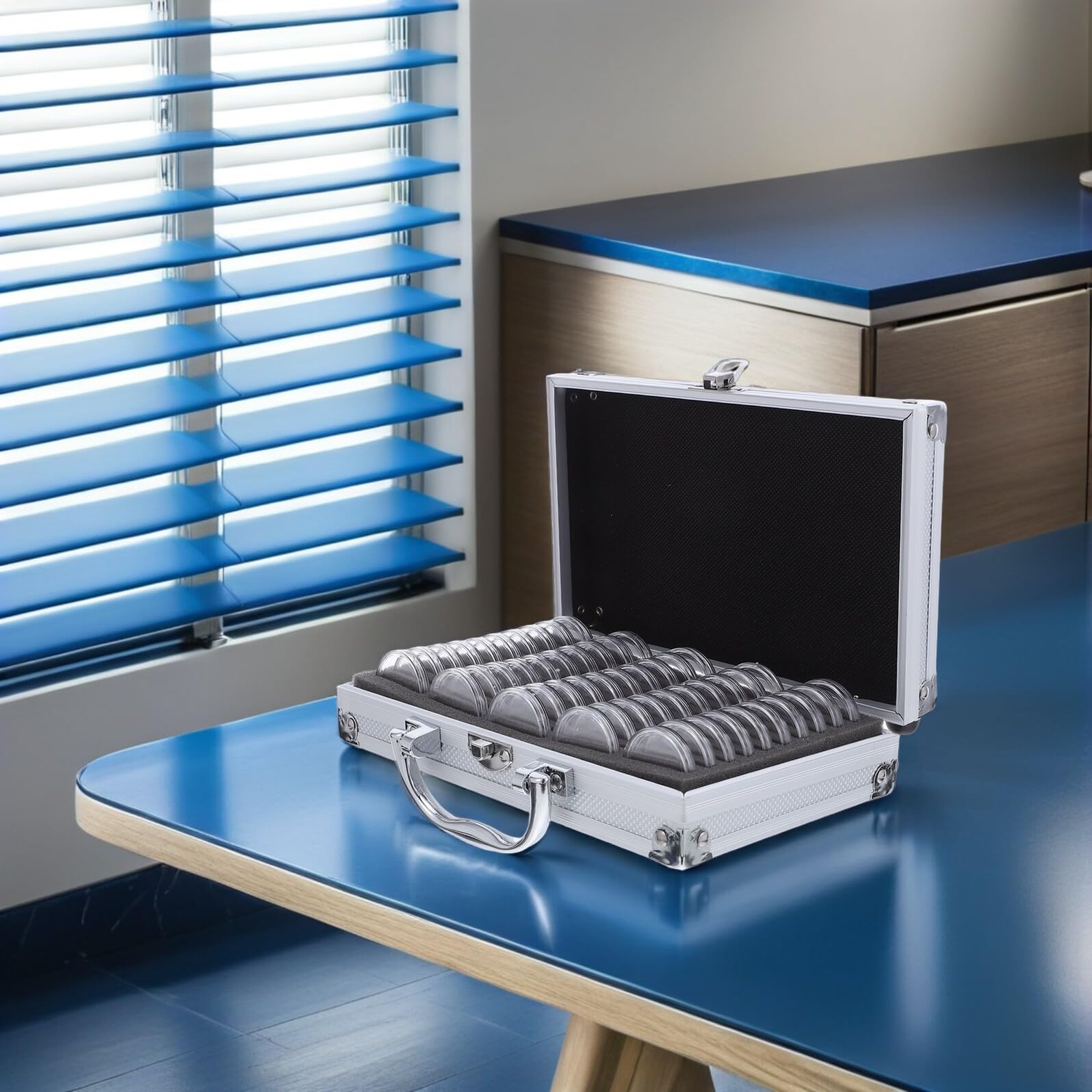 TOYANDONA Organizzatore per Monete da Collezione Compatto e Portatile in Alluminio Argento con 50 Scomparti, Custodia Resistente per Medaglie e Badge per Collezionisti