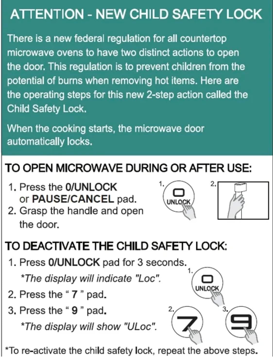 Diagram illustrating how to use and deactivate the child safety lock on the microwave.