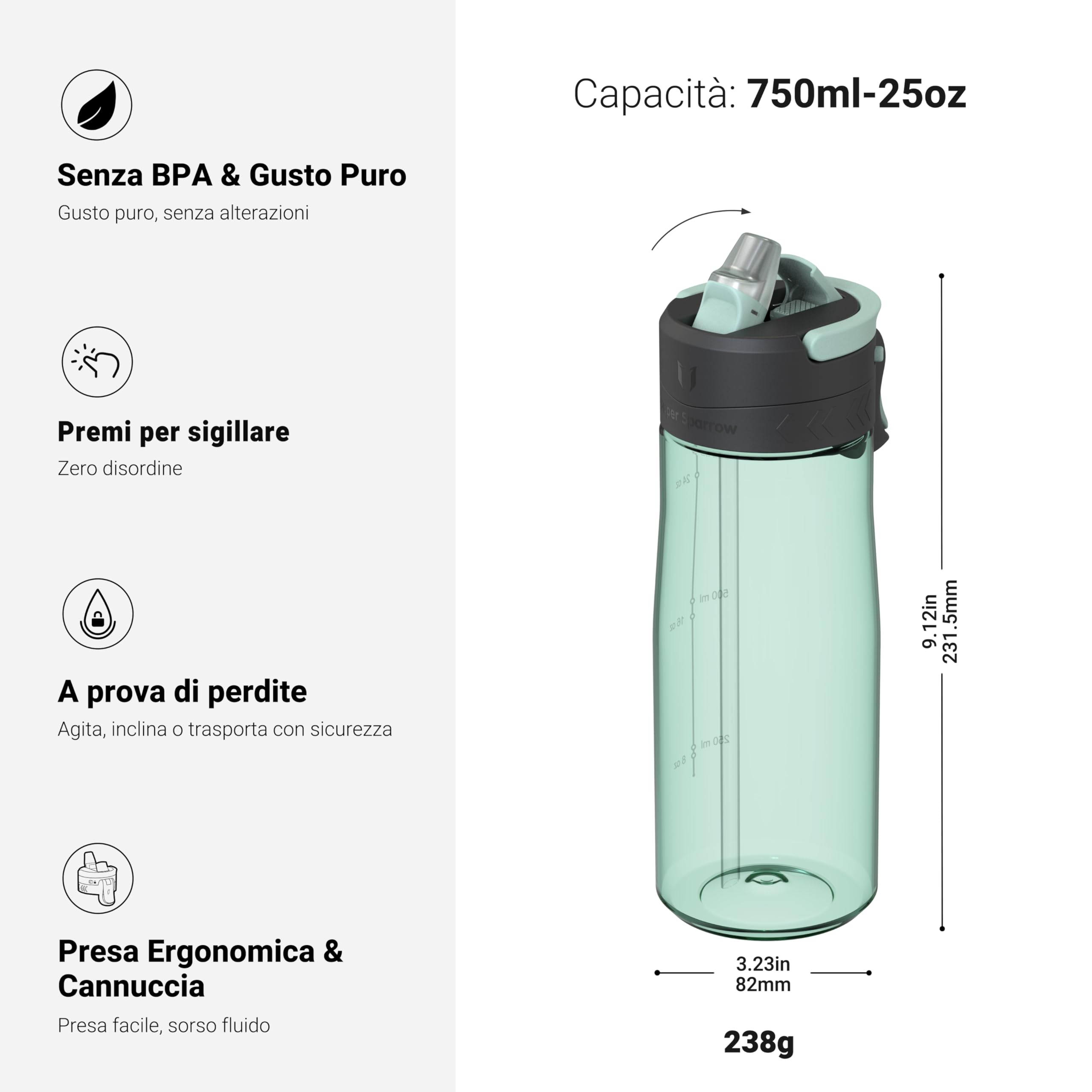 Sparrow Borraccia - 500ml, 750ml, 1L - TouchFlow Bottiglia Senza BPA - Senza Perdite Borraccia Cannuccia - Borracce Sportiva Flusso Rapido Con Un Clic per Scuola, All'aperto