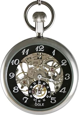 OGLE 3ATM Waterproof Large Size Classic Skeleton Vintage Stainless Steel Case Fob Manual Winding Hand Wind Manual Mechanical Pocket Watch with Stainless Steel Chain