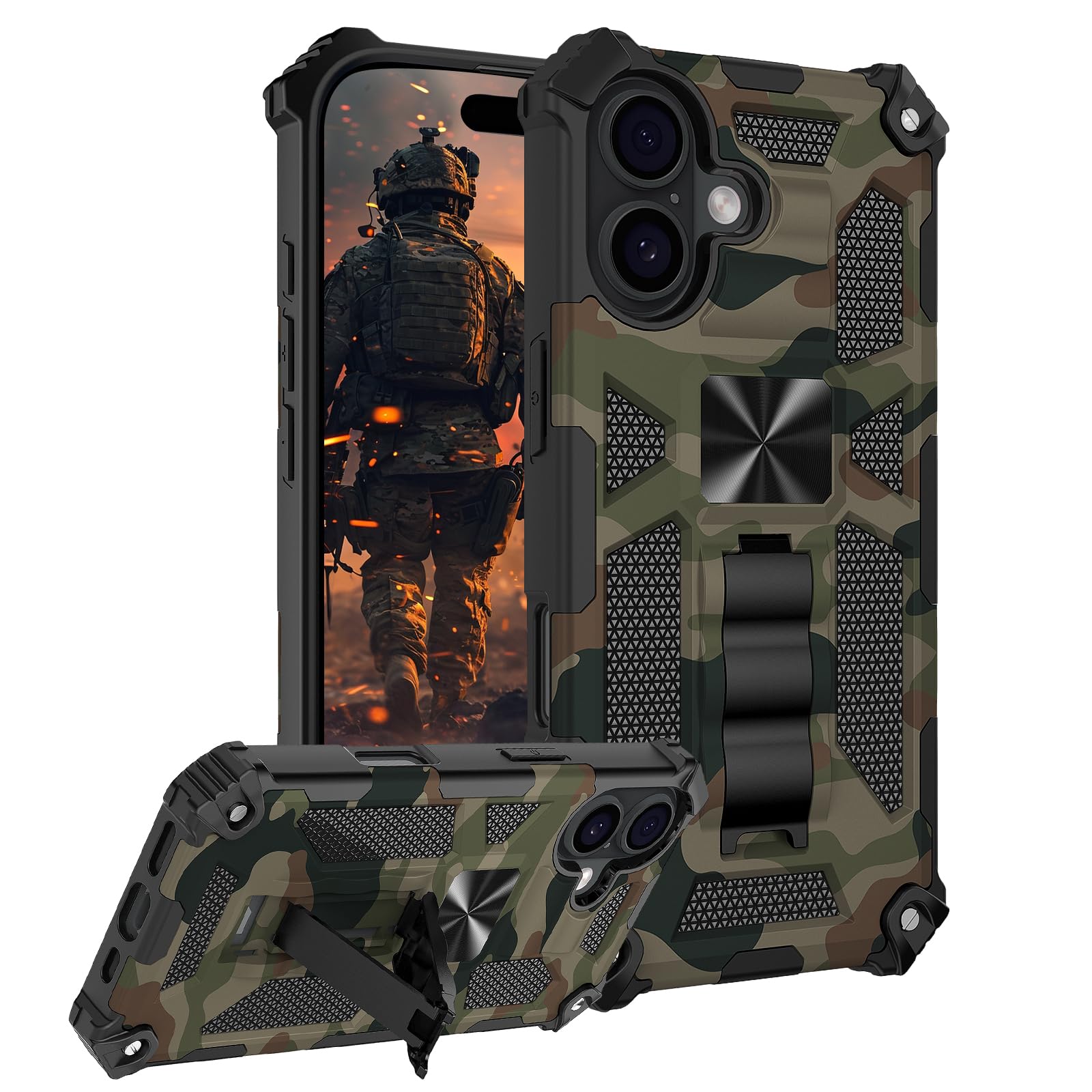 for Apple iPhone 17 Case Camouflage with Kickstand - Built-in Stand, Magnetic Back Heavy Duty Military Grade Rugged Shockproof Protective Cover for iPhone 17 Camo-Army Green