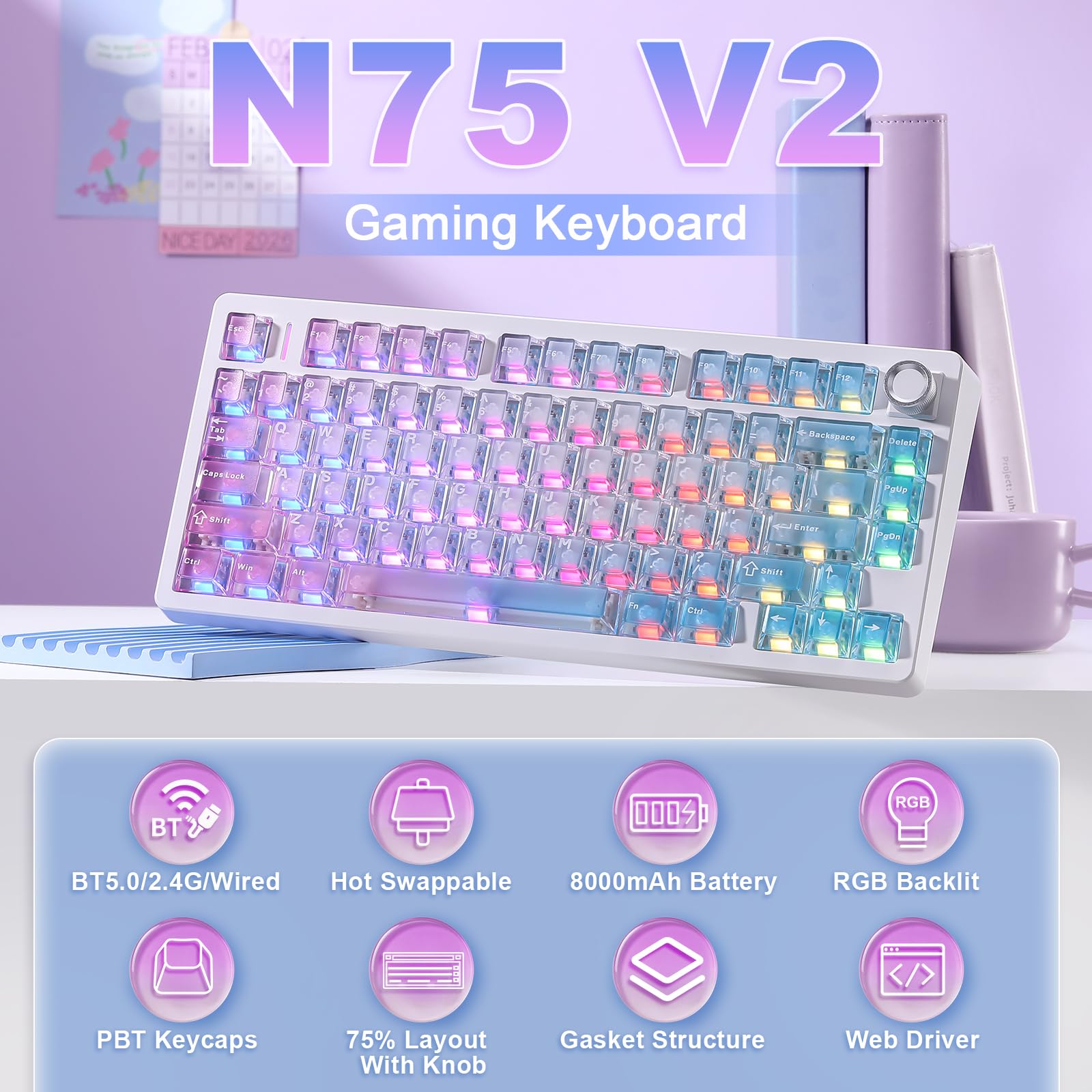 Amazon | MIKIBY N75 V2 ワイヤレスゲーミングキーボード 2.4GHz/BT