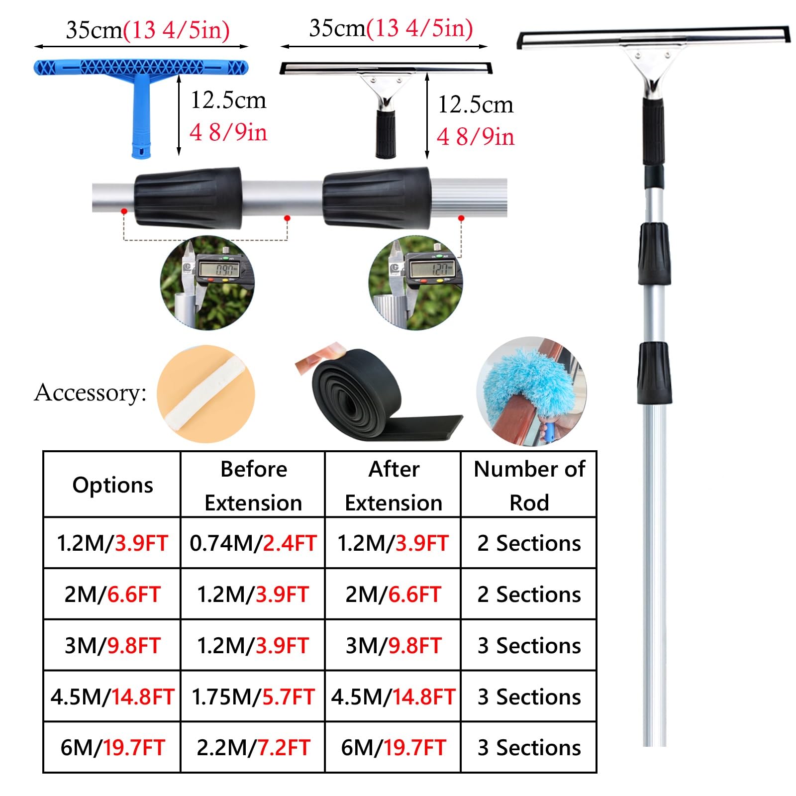 Perche Nettoyeur Vitre Nettoyage Lave Nettoyeur Fenêtre Professionnel 2 En 1, 1.2 2 3 4.5 6 m Equipement Lavage Télescopique Les Endroits Difficiles D'accès, Outils Nettoyage Vitres L'extérieur En Hau