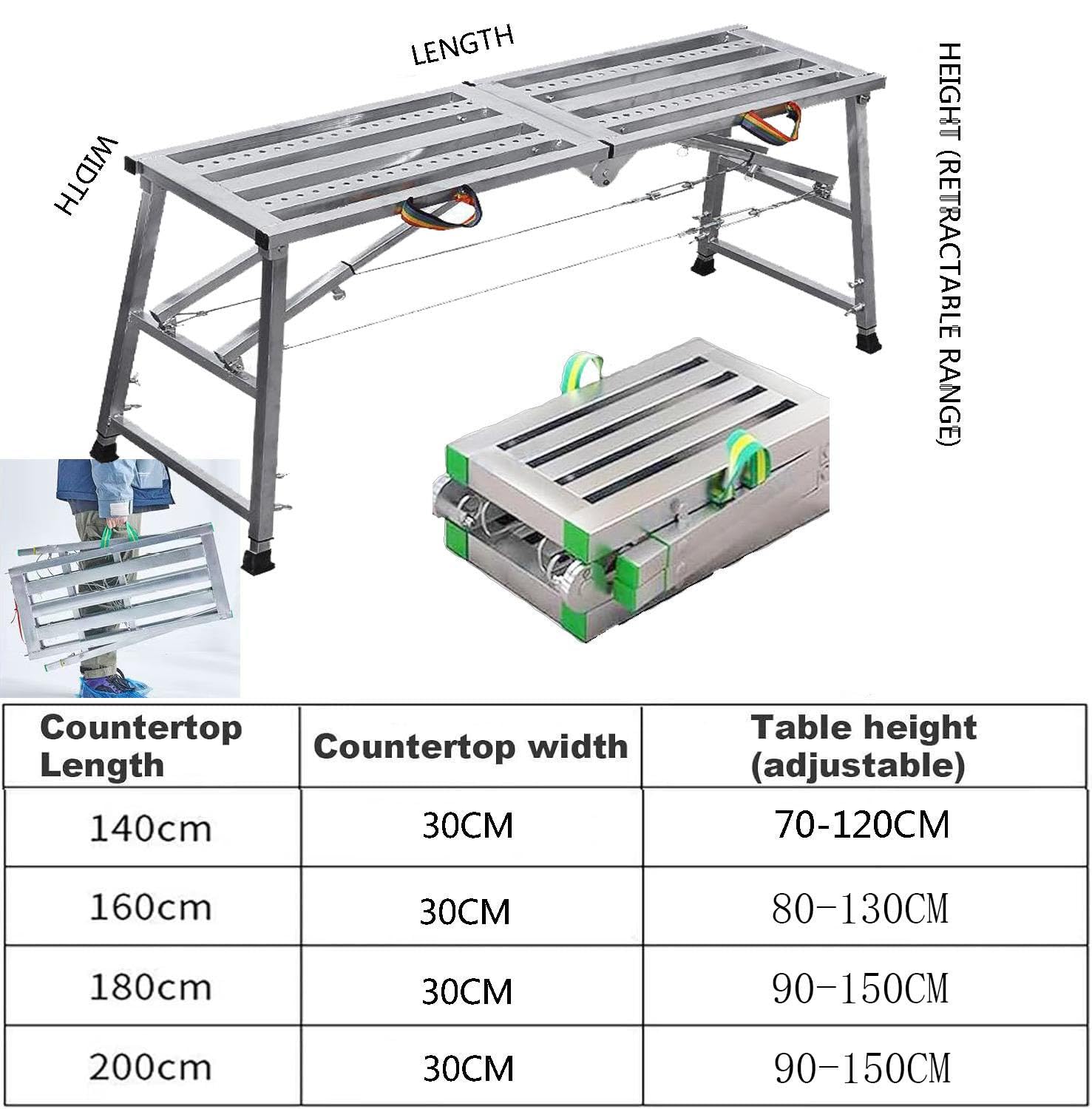 Ponteggio Pieghevole Portatile con Struttura in Acciaio al Carbonio Regolabile in Altezza, Portata 400 kg, Larghezza 200 cm.