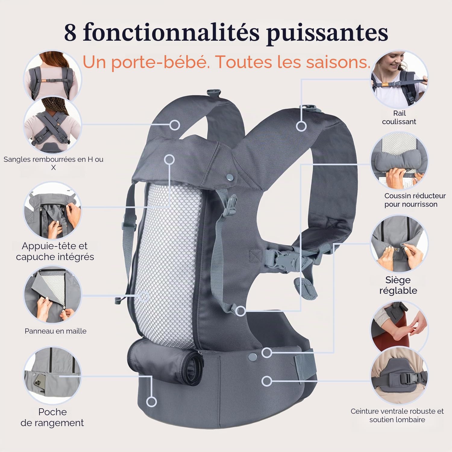 Beco 8 Portabebés Recién Nacido-Niño, Malla, 3-20 kg, Rust | Híbrido Transpirable con Porteo Frontal, Cadera y Espalda, fresco en verano, Ergonómico y Sano para las Caderas del bebé.