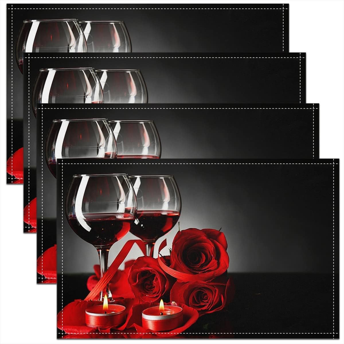 Rose Wine Glass Placemats, Red Black Rose Place Mats