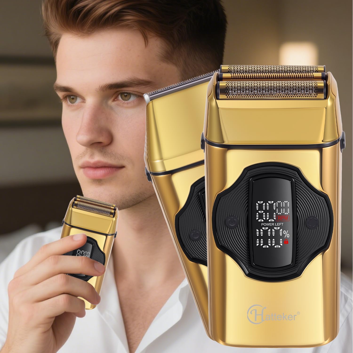 Hatteker Rasoir électrique 2-en-1 Pour Homme Rasoir à Feuille Taille-croix Avec Tête à Adsorption Magnétique Tête de Taille-croix Amovible étanchéité IPX7 Pour Rasage Sec et Humide Grand écran LED(Or)