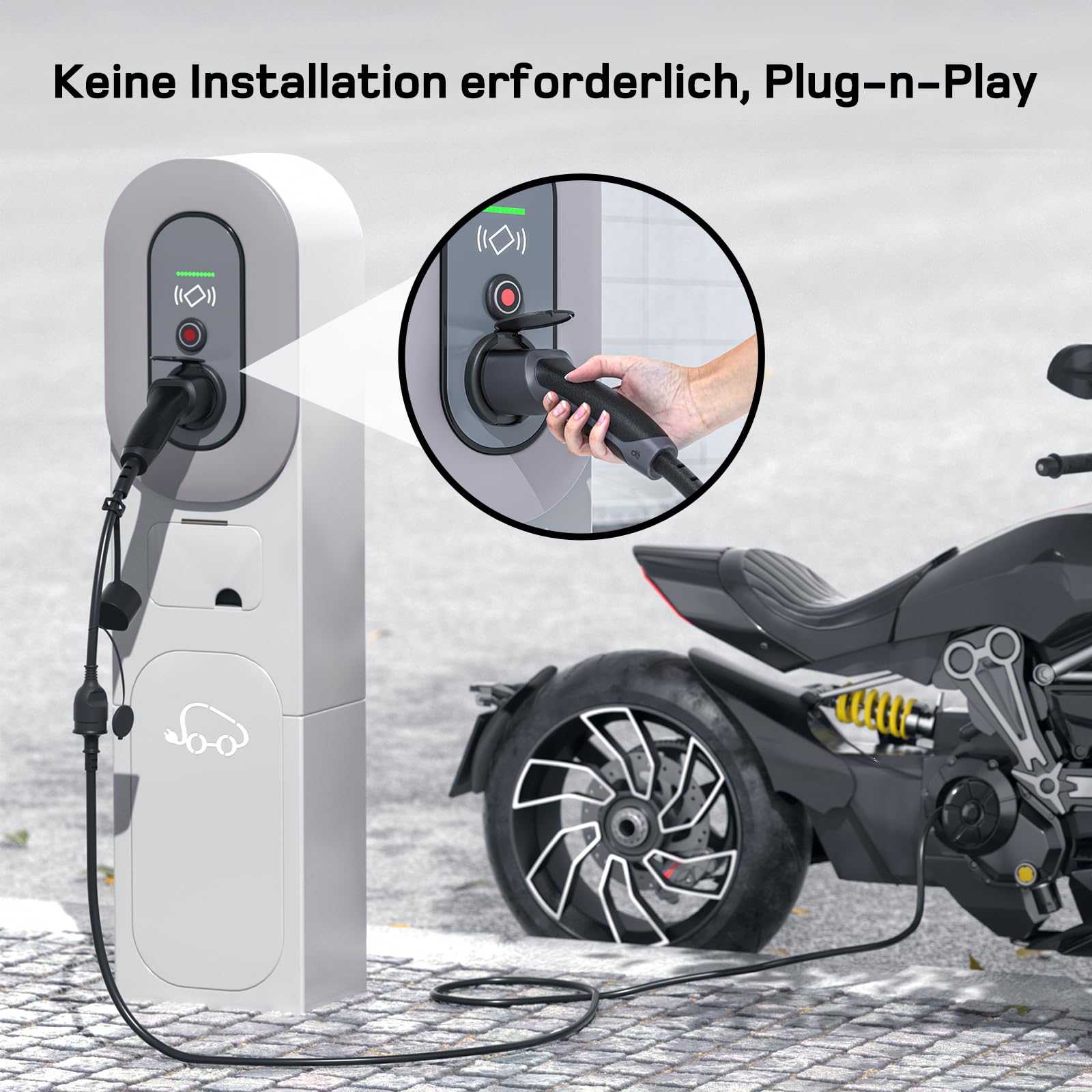 dé Adapter Typ 2 auf Schuko - Elektroauto Ladestecker, 16A 0.6m. Einfaches Laden an Ladestationen/Wallboxen trotz Verwendung von 230V Ladegeräten für E-Bike, E-Scooter, Motorrad. IP55 Nicht für V2L