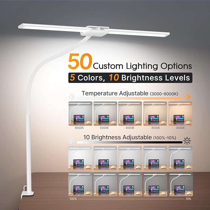 Syrinx Syrinx LED Desk Lamp, Double Head Gooseneck Desk Lamps for Home Office with Gesture Switch & Wired Control, 12W Bright Modern Desk Light Eye-Caring Office Desk Lamp with Clamp for Crafting Reading photo 2