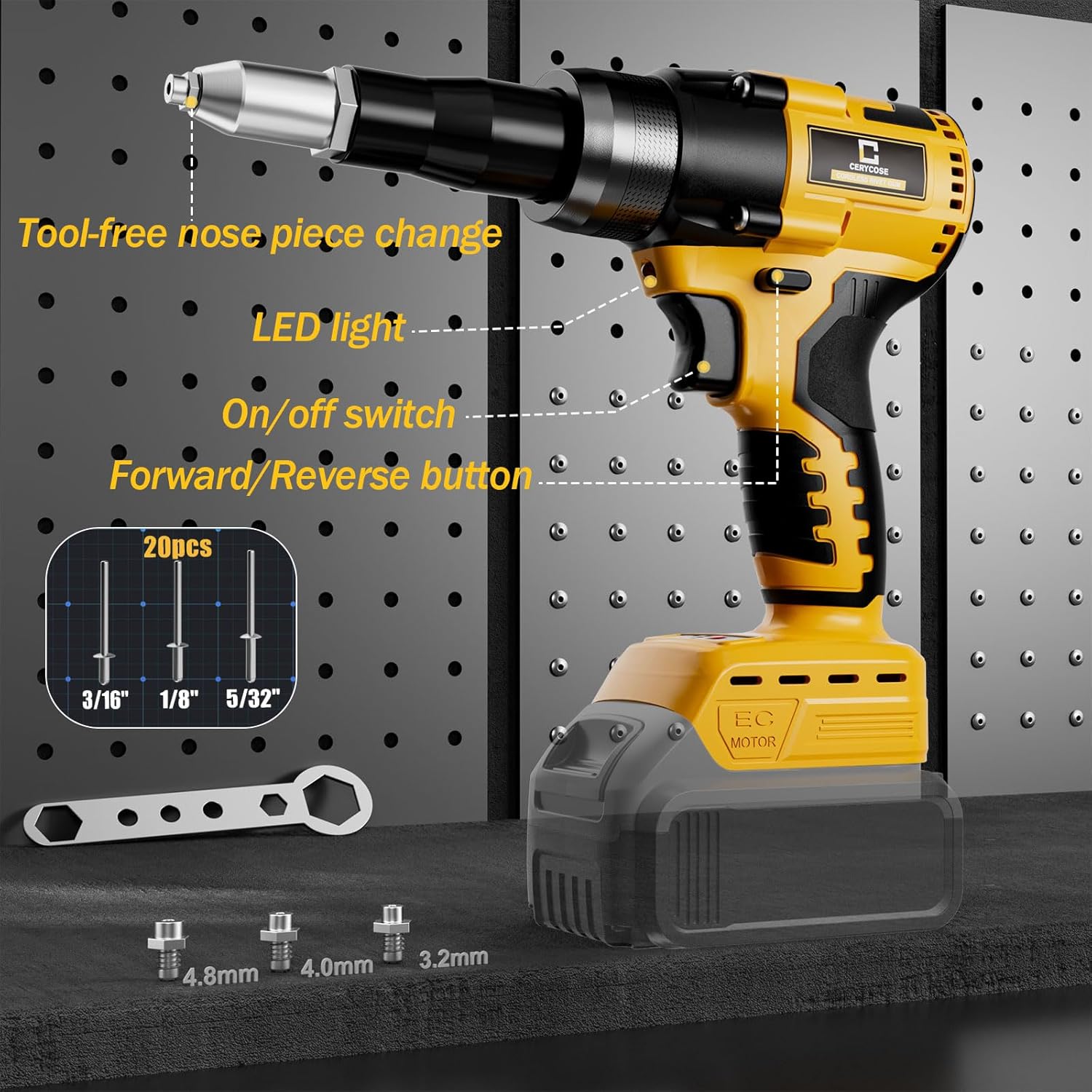 Rivet Gun Compatible with Dewalt 20V Battery, Cordless Rivet Tool with 3 Size (1/8", 5/32", 3/16") Aluminum Rivets, Brushless Motor Rivet Gun Kit Nose Piece, No Battery