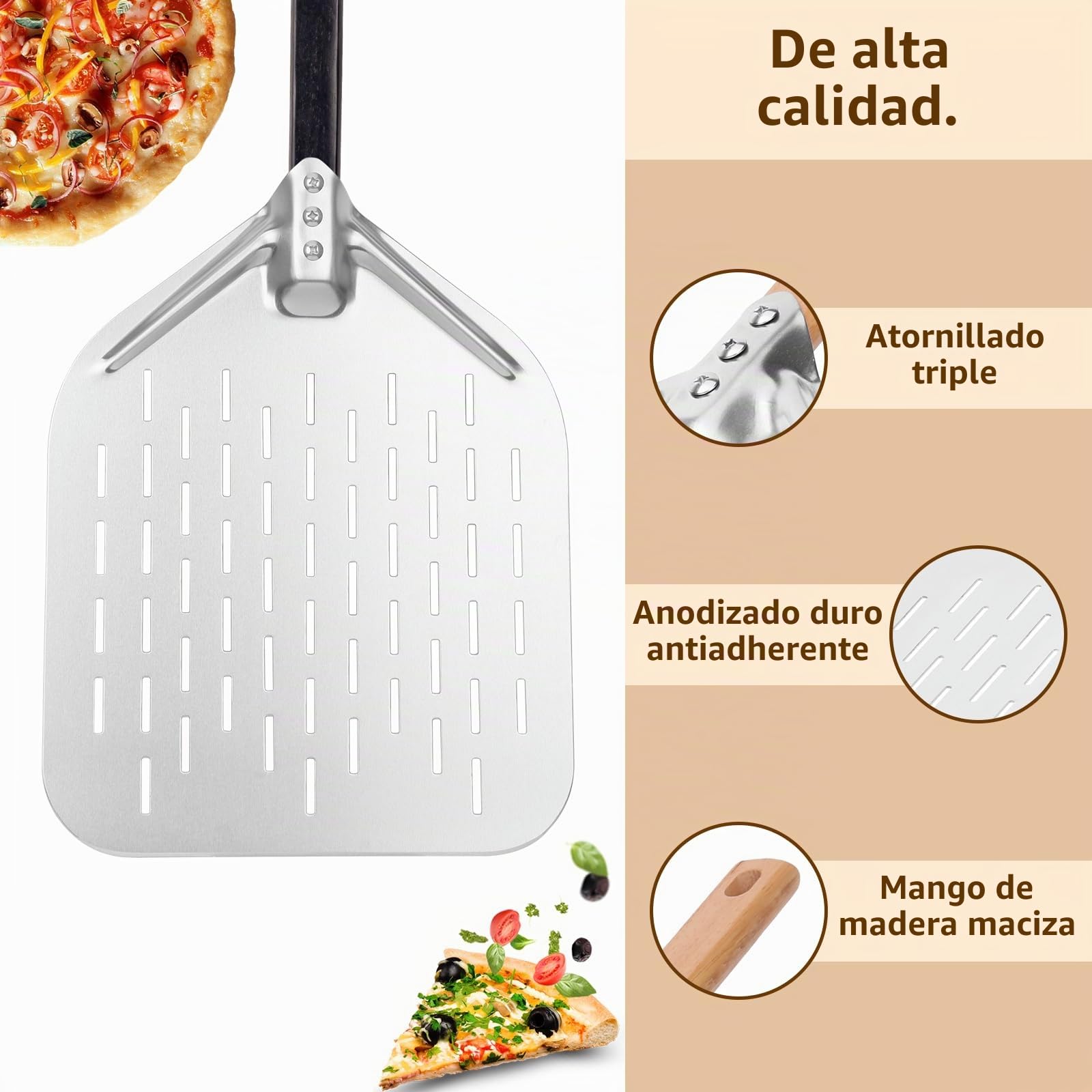 Pala para pizza de 40 x 30 cm, deslizador de pizza de 12 pulgadas, fácil deslizamiento sobre piedra para pizza, pala perforada para pizza con gran superficie y mango extraíble (negro)