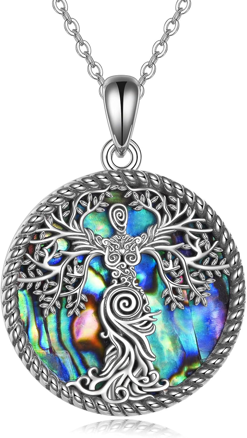 YAFEINI Tree of Life Necklace Sterling Silver Abalone Shell Spiral Goddess Pendant Necklace mulet Wizard Jewelry Gifts for Women