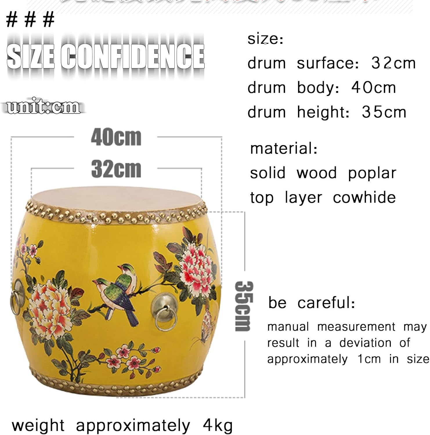 Chinese-Style Drum Stool, Glazed Hand-Painted, White, Wood/Leather, Decorative Garden Stool, Indoor/Outdoor, Small, 18 Inches Tall