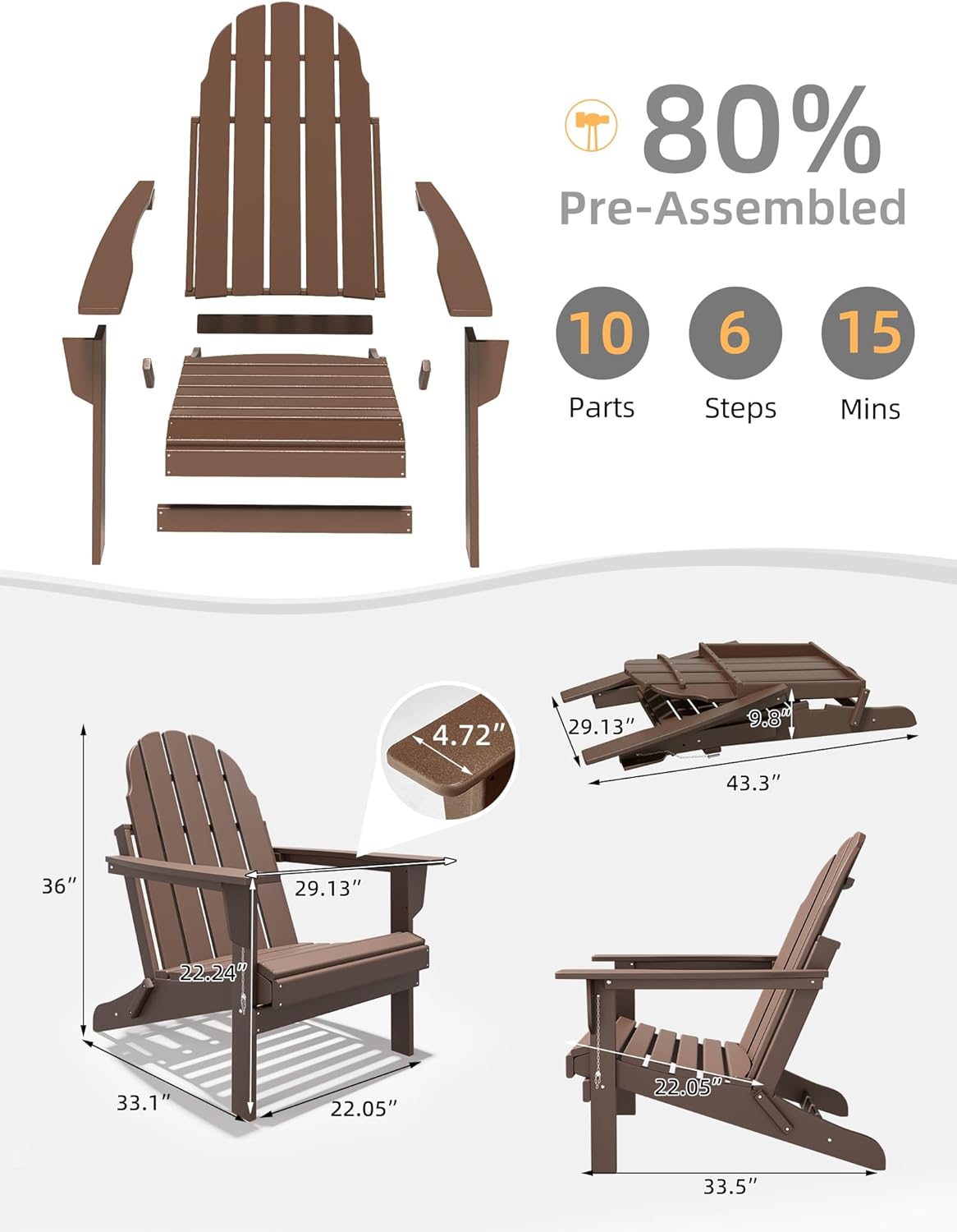 BUPPLEE Folding Adirondack Chair, 450 LBS Heavy Duty HDPE Poly Lumber Fire Pit Chair for Outside, All-Weather Resistant Plastic Adirondack Chairs for Patio, Garden, Deck & Backyard, Teak