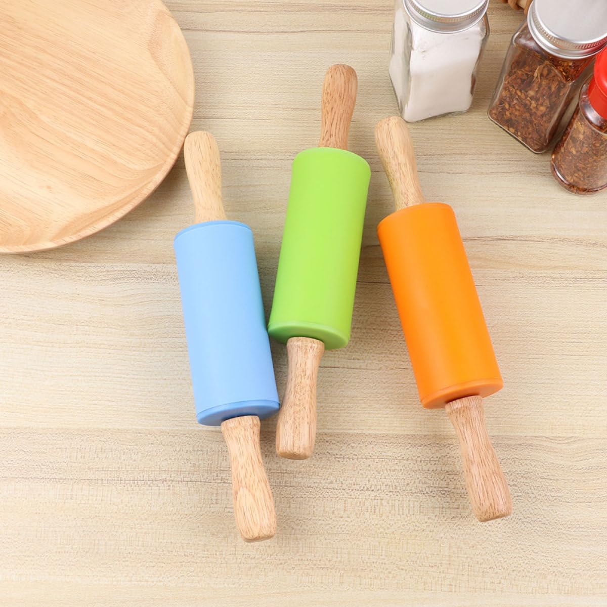 DOITOOL Silicone’s Rolling Pins for Baking 4pcs Set Mini Dough Rollers with Wooden Handles Non-toxic Kitchen Rolling Tools for ‘baking