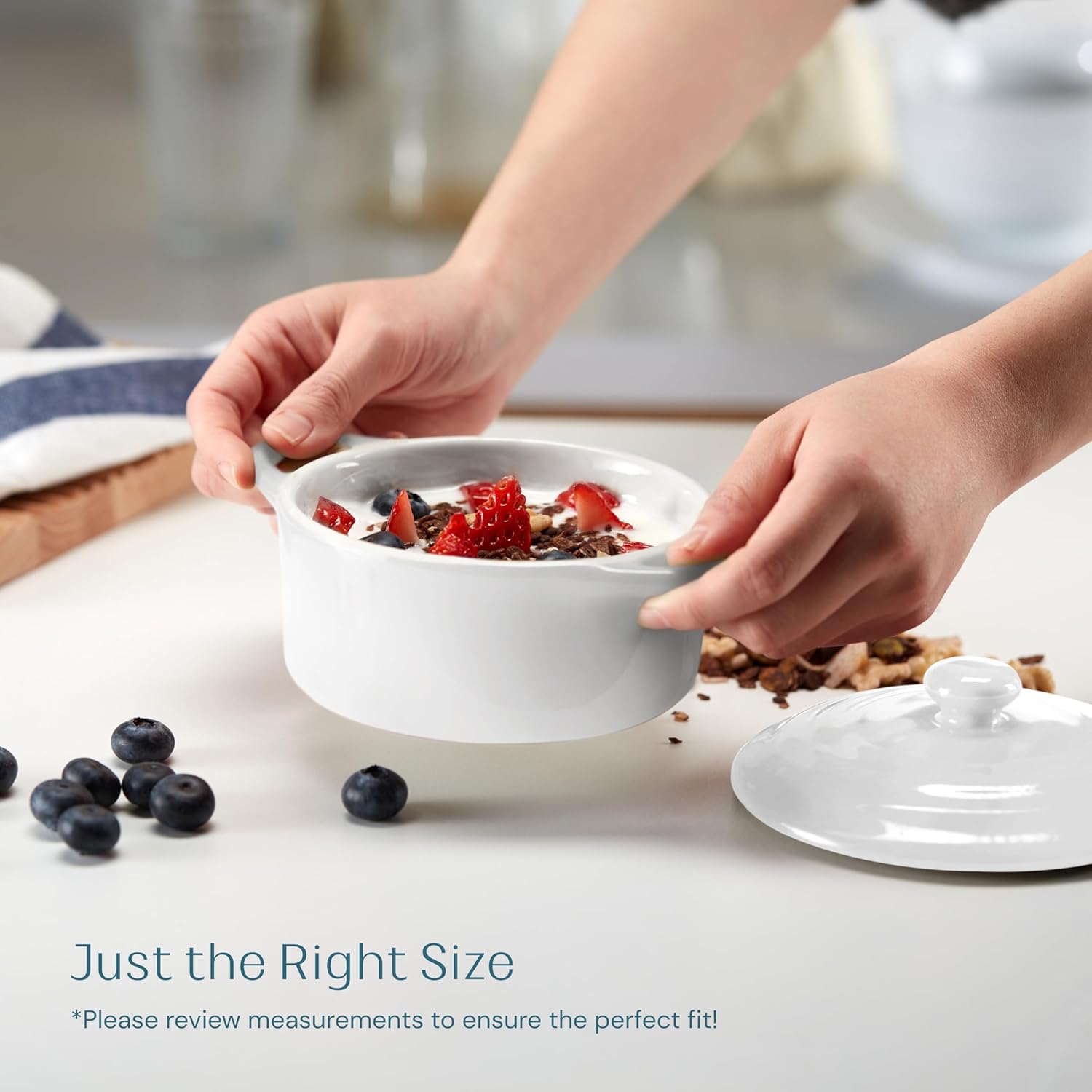 Kook Ceramic Mini Cocotte Set, Small Casserole Dishes with Lids and Handles, Individual Baking Ramekins, Oven safe 350F, Microwave & Dishwasher Safe, Stoneware, 12 oz, Set of 4, (Swiss White)