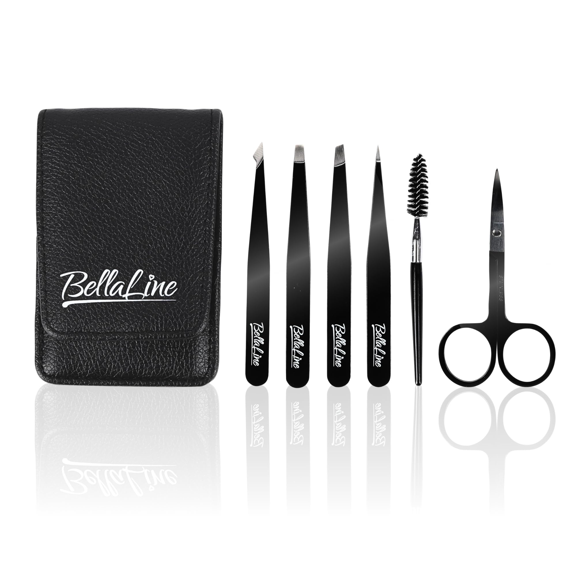 Bellaline Women's Black Tweezers Set - Professional Eyebrow Tweezers Set With Scissors & Brush - 6-Piece Precision Set With Case - For Eyebrows, Hairs & Splitters (Black)