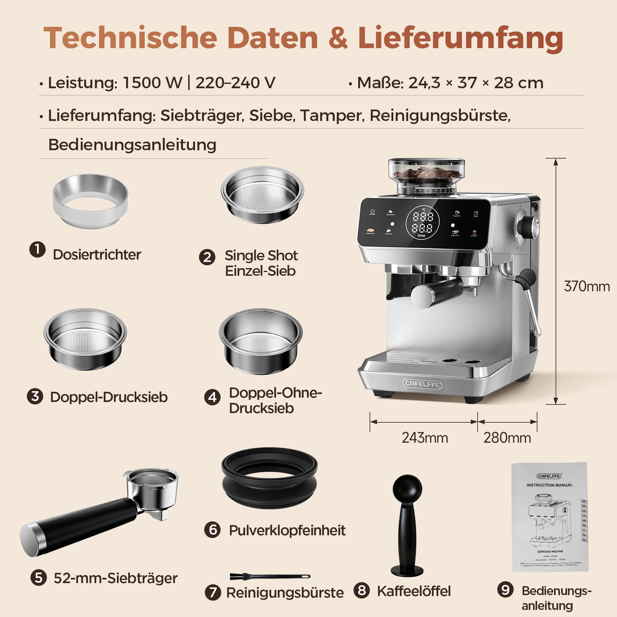 CAFELFFE MK-903 Espressomaschine 20 Bar 1500 Watt 1,8 Liter Mahlwerk Heiß-/Kaltbrühfunktion