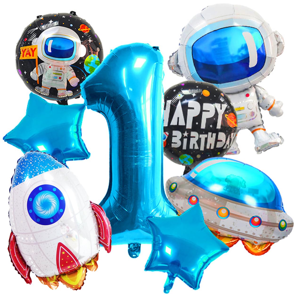 Large Astronaut Space First Balloons Set,Blue Number 1 Space Birthday Balloons Airship Planet Rocket Galaxy Foil Balloons for Outer Themed 1st Party