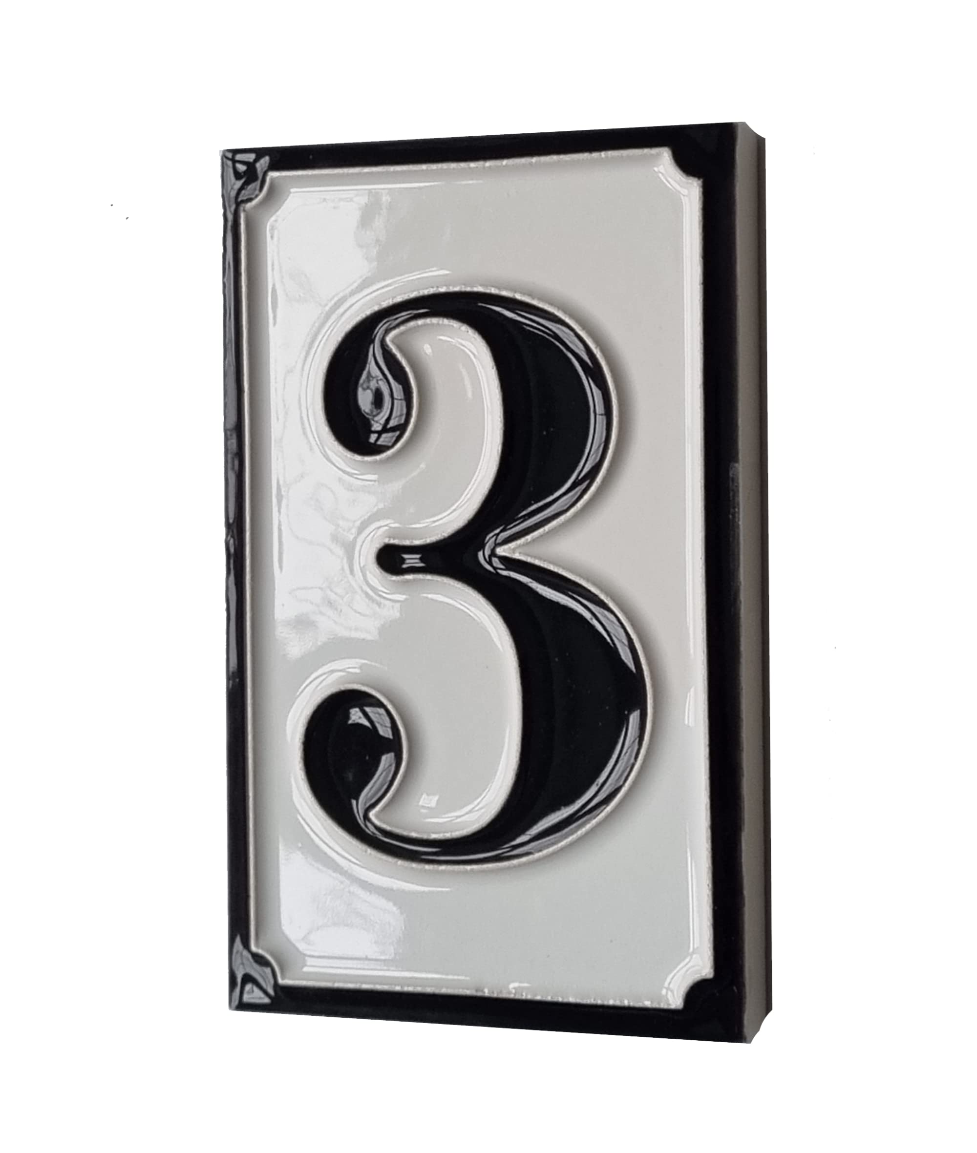 Hand-painted Italian-styled Black and White Ceramic Custom House Address Numbers Tiles 11 x7 cm (Number 3 tile)