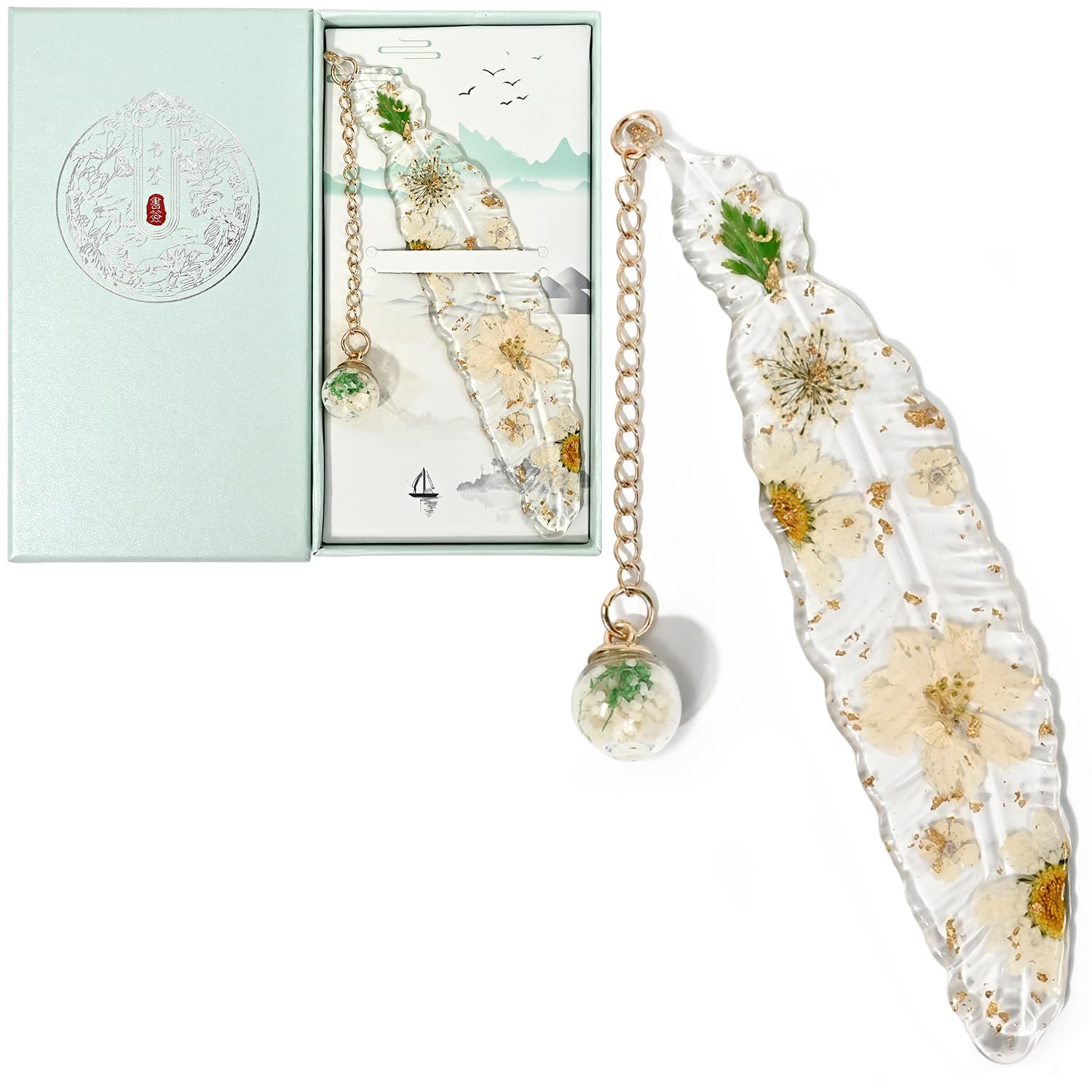 Pressed Flower Bookmark Pendant Bookmark Handmade Resin Book Lover Gift for Women, Teachers, Mothers（White）